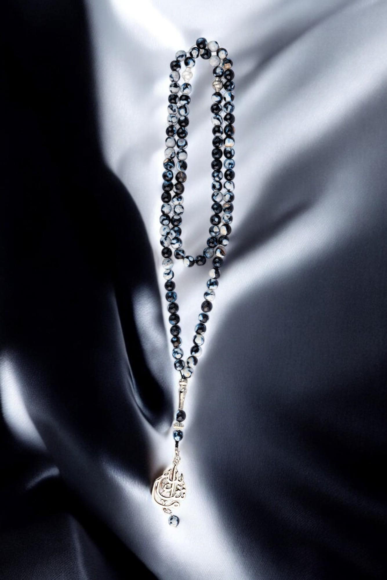 Black and White Aqeeq Agate Tasbeeh; 99 Count Islamic Misbaha; Silver-Plated Pendant; Dhikr Prayer Beads; Ramadan Eid Gift - image 2