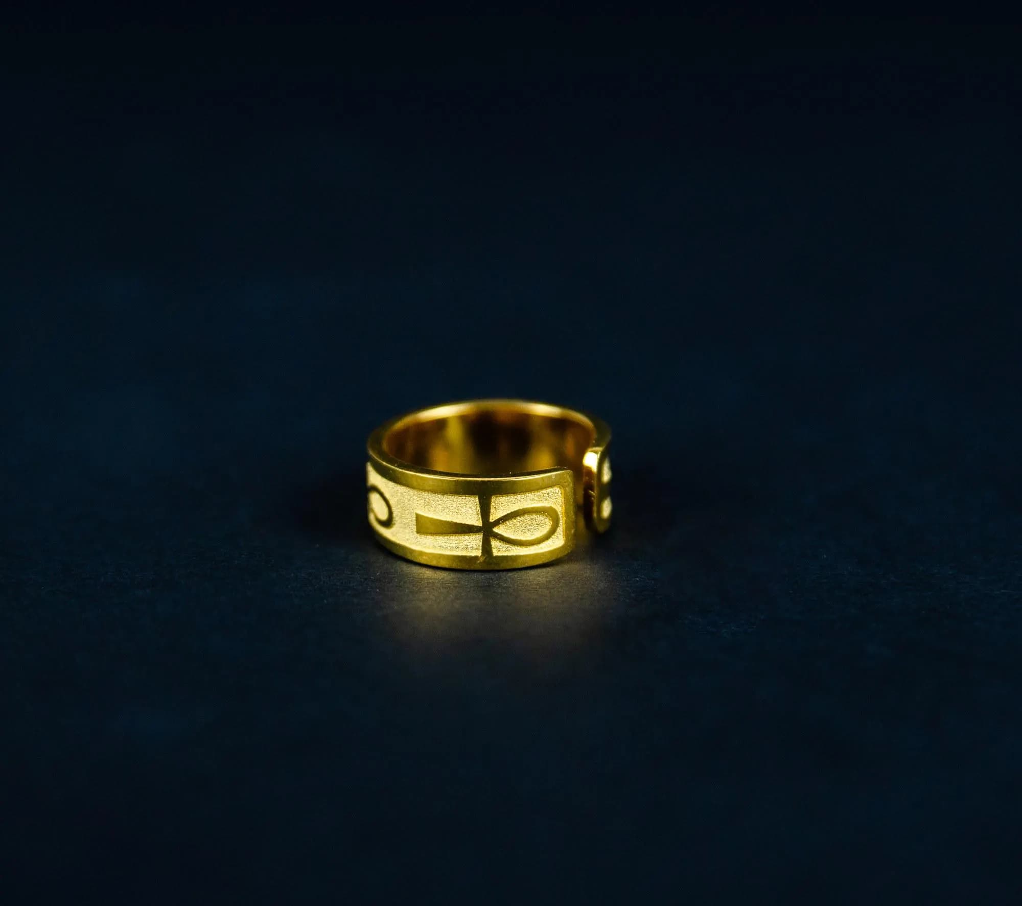 Engraved Ankh Ring; 24k Gold-Plated; Egyptian Band Ring; Eye of Horus; Ancient Egypt Jewelry; Unisex; Pharaonic Gift; For Him and Her - image 4