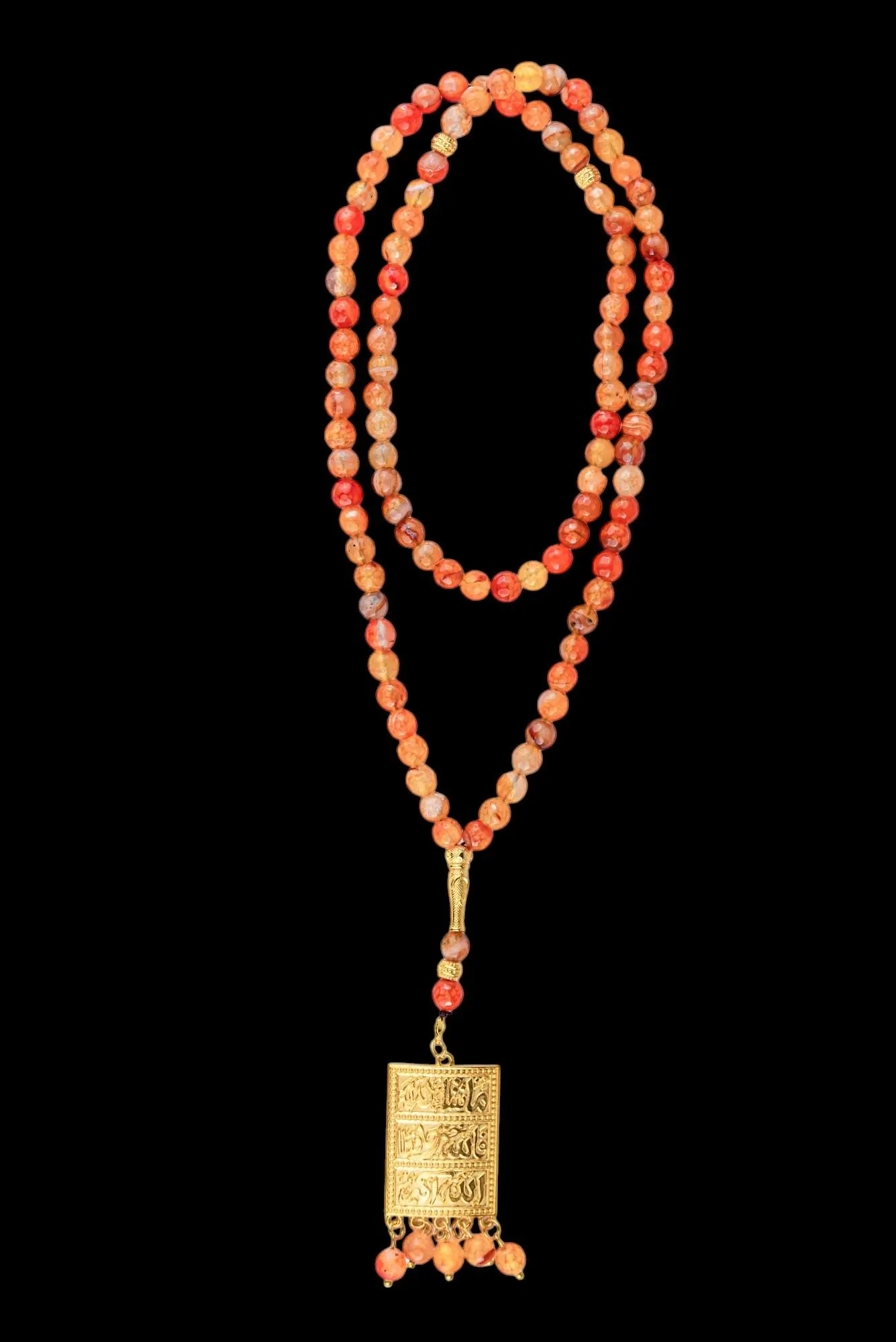 Coral Aqeeq Agate Tasbeeh; 99 Count Islamic Misbaha; 24k Gold-Plated Pendant; Dhikr Prayer Beads; Ramadan Eid Gift; Muslim Gift