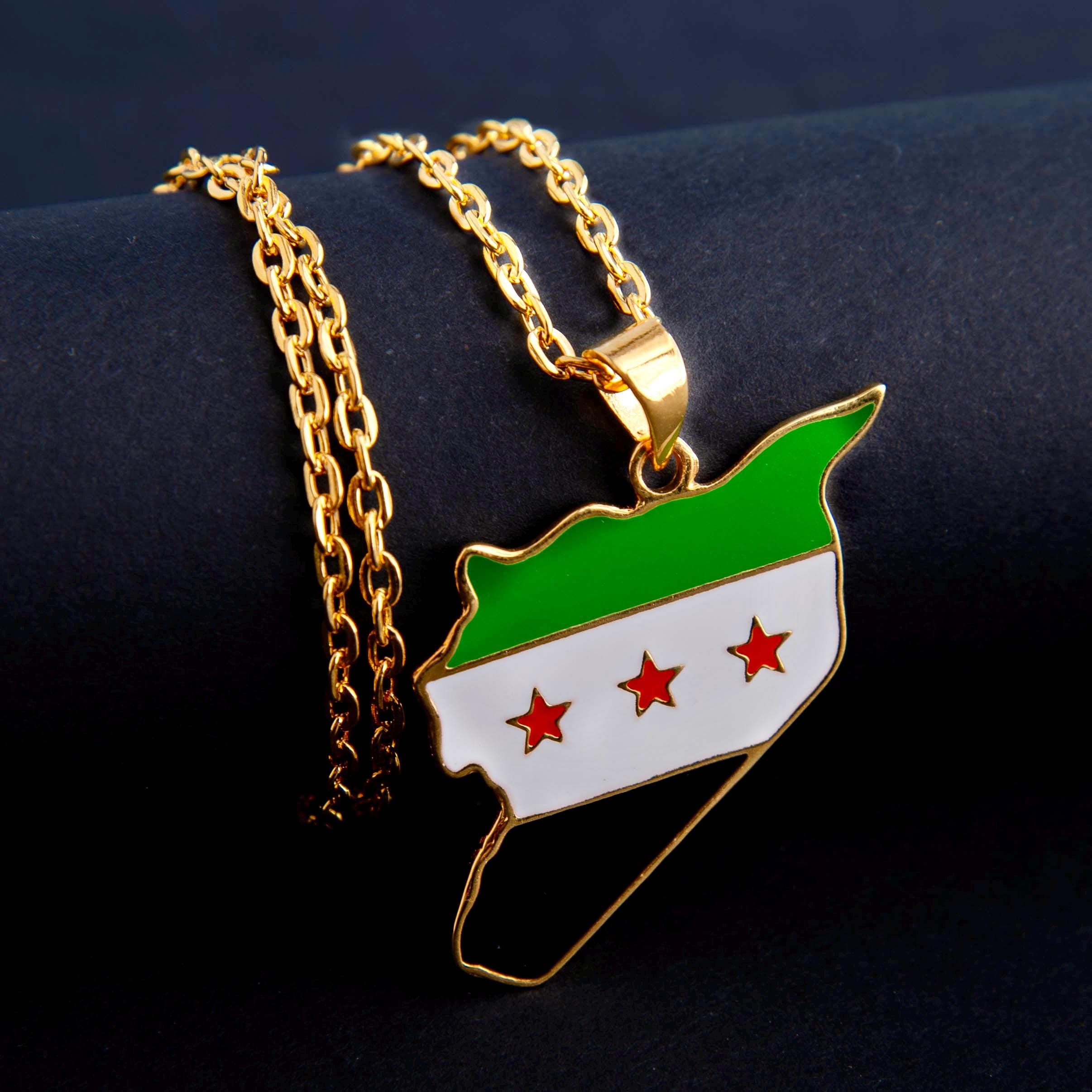 Syria Map Necklace; 24k Gold-Plated Syrian Flag Pendant; Syrian Jewelry; Arabic Cultural Gift; Middle Eastern Pride; For Her