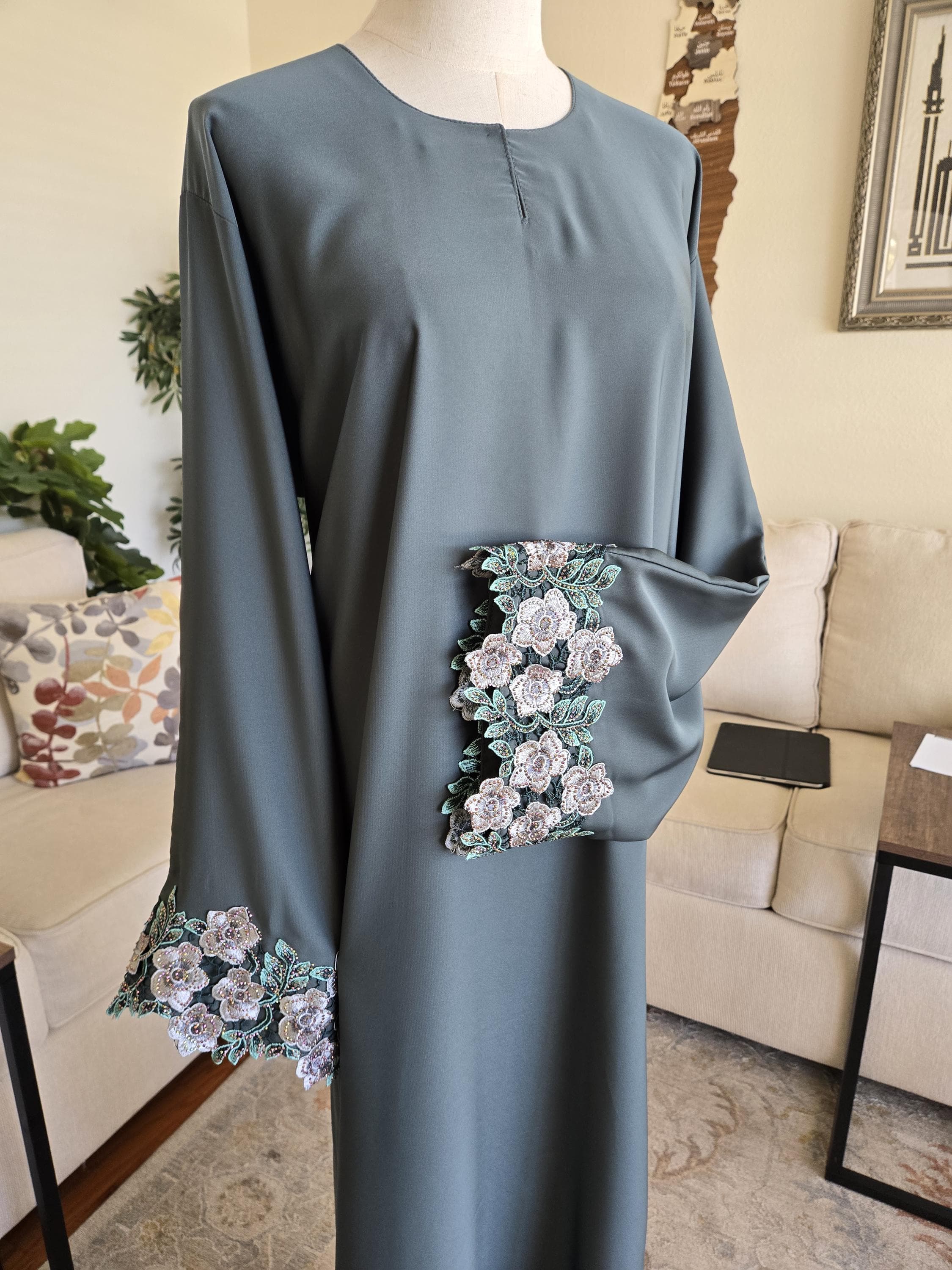 Floral Crystal Embroidered Teal Abaya - image 3