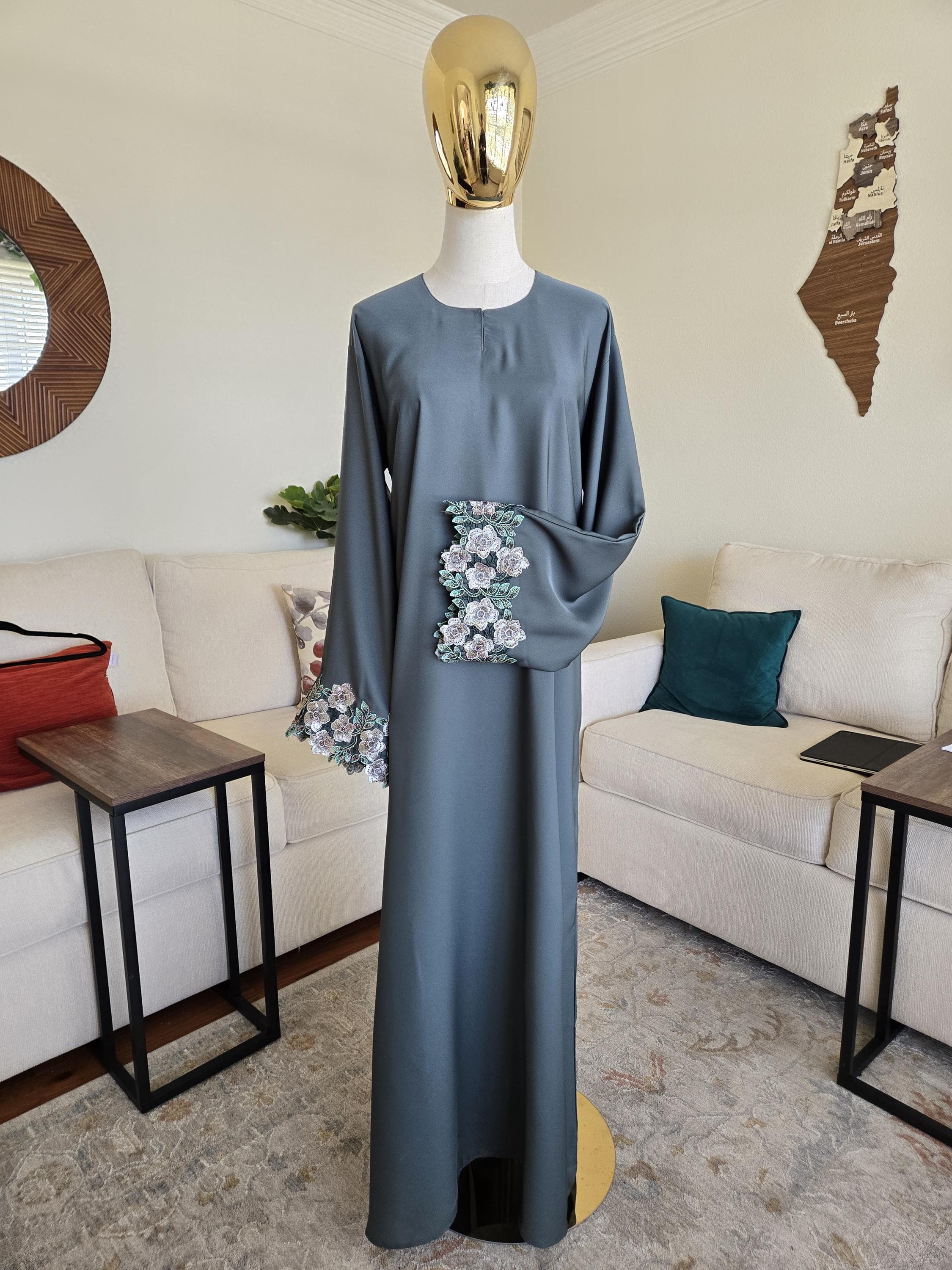 Floral Crystal Embroidered Teal Abaya