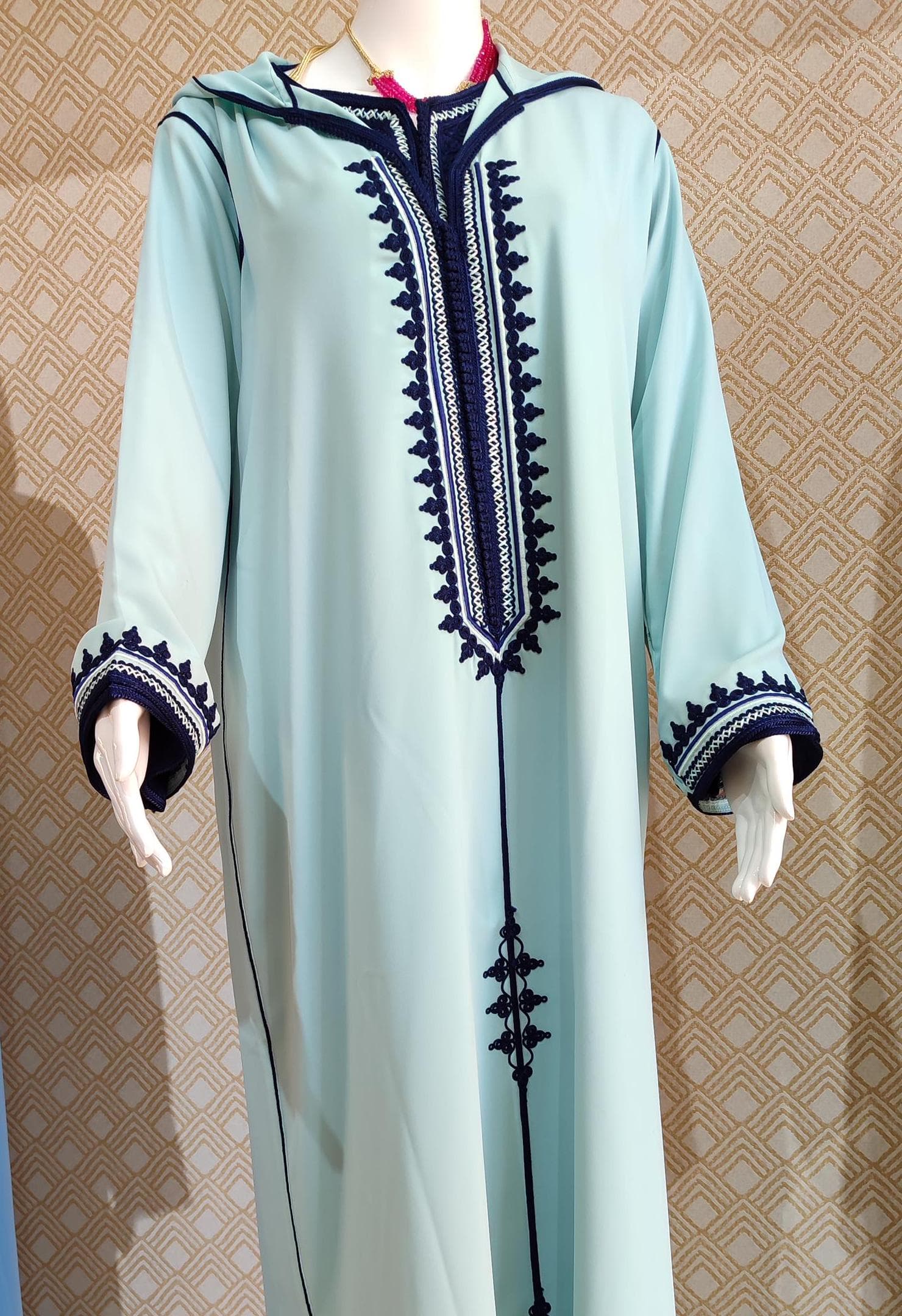 Custom Made Sky Blue Moroccan Jellaba | Handmade Djellaba Navy Embroidery | Made to Order Fassi Dress | Traditional Kaftan