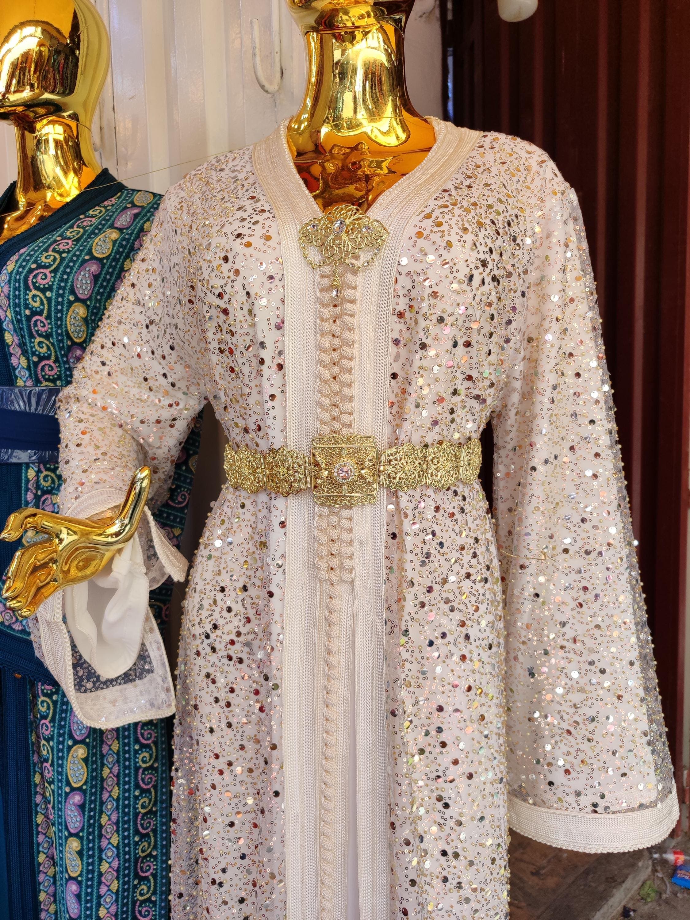 Rainbow Sequined Moroccan Kaftan: Ivory Silk Blend Bridal Dress