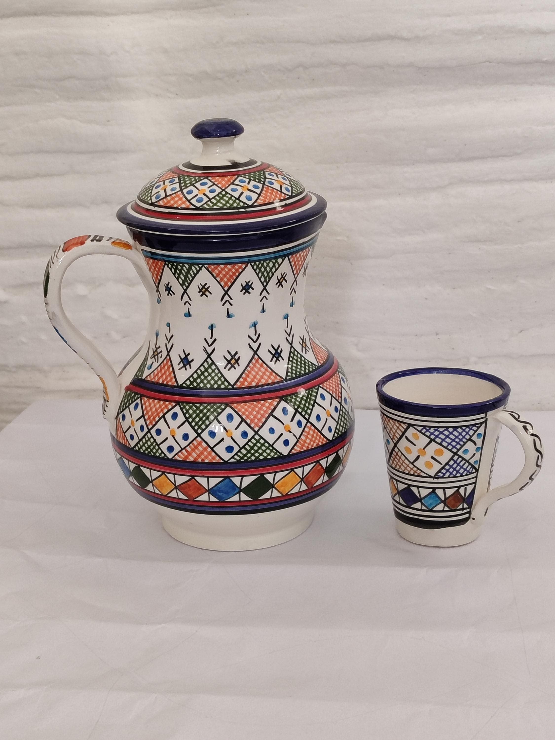 Ceramic pitcher and cup set: Traditional moroccan pottery pitcher