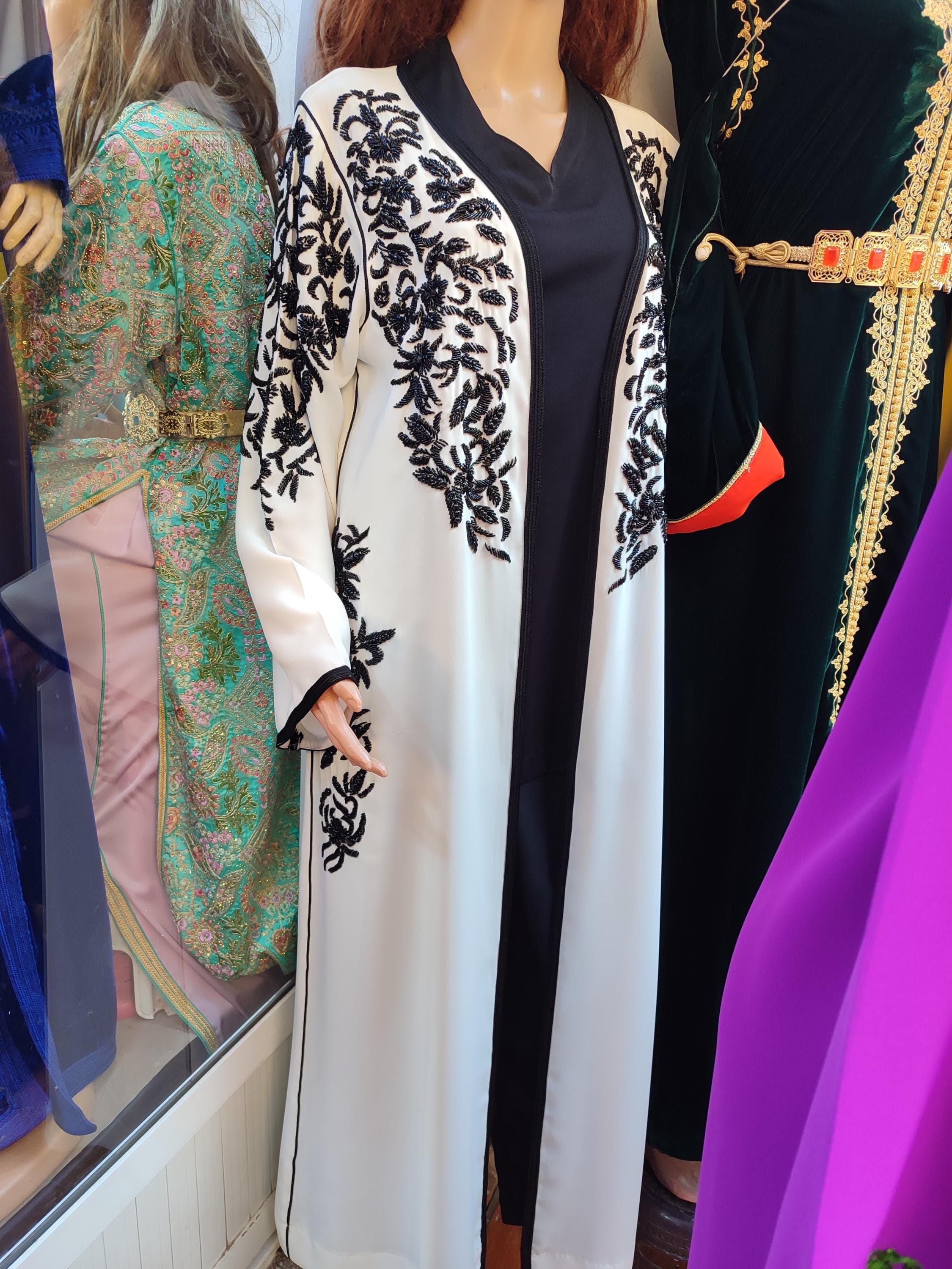 Handmade Moroccan Kimono Robe: White Embroidered Jellaba, 3-Piece Set