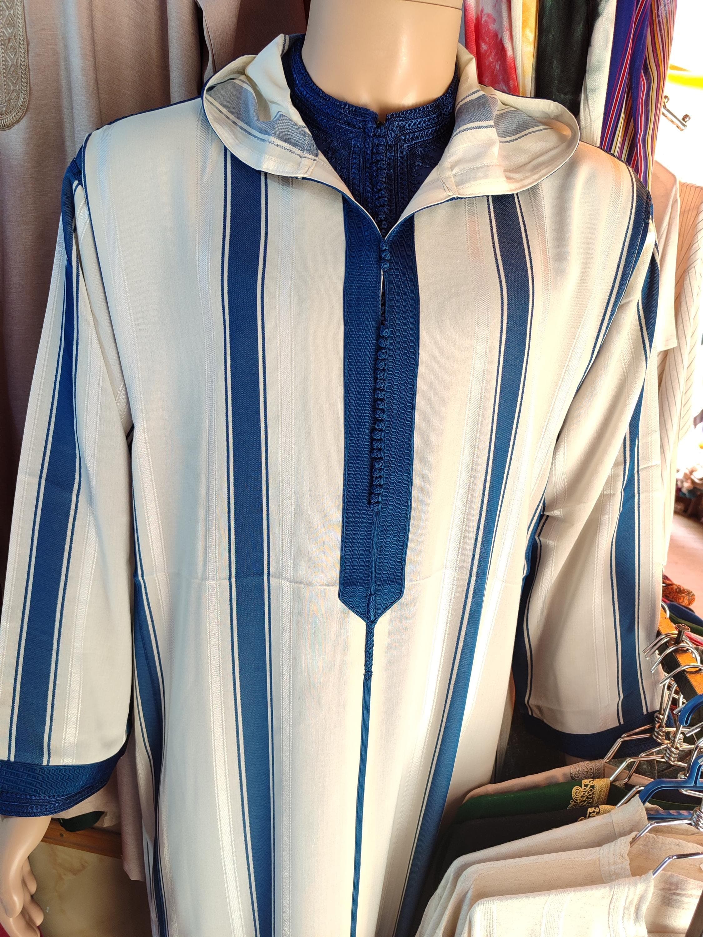 Handcrafted Moroccan Djellaba: White & Blue Embroidered Thobe, Men's Wedding Kaftan