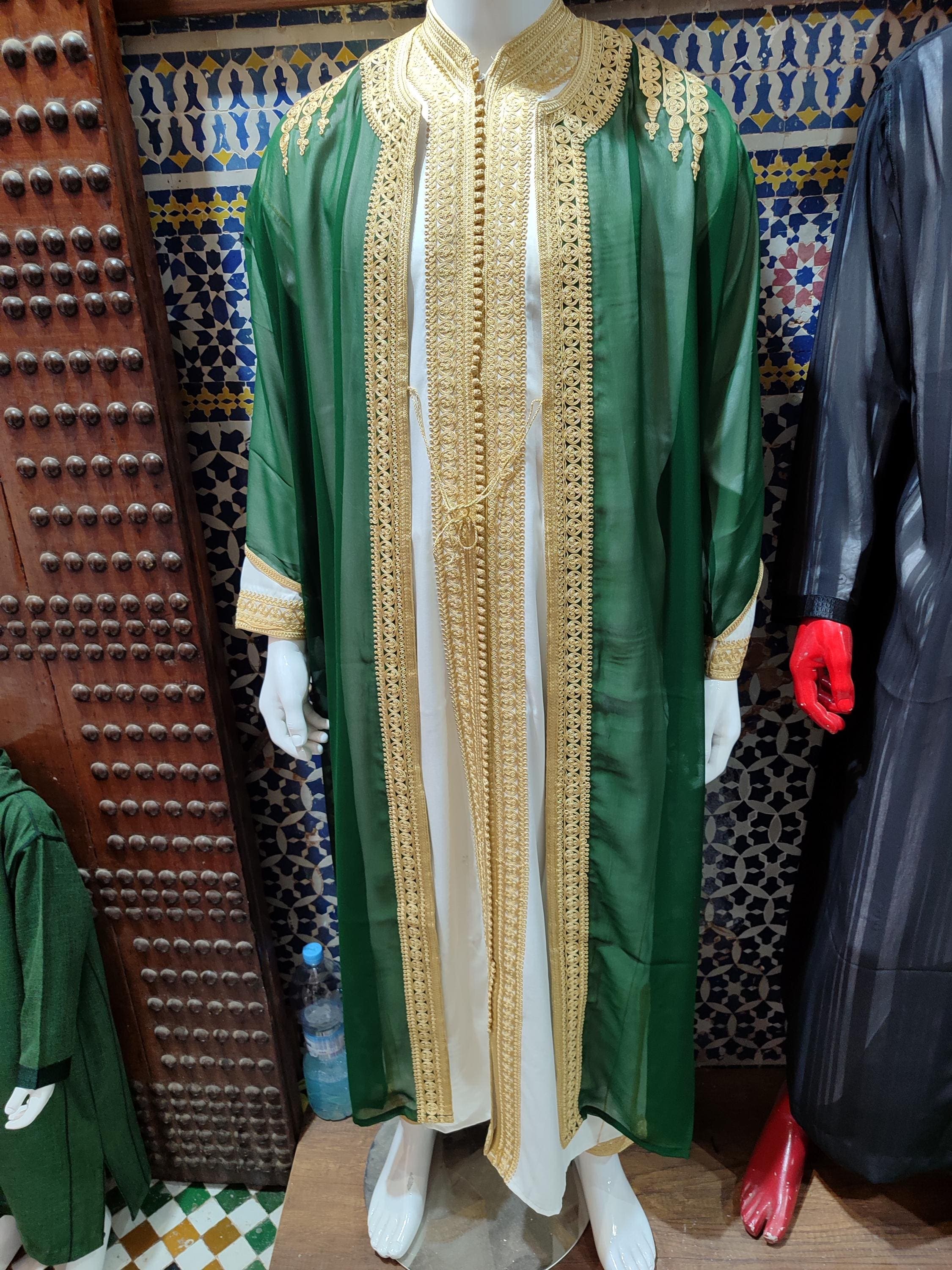 Emerald Green Moroccan Jabador: 3-Piece Gold Embroidered Kaftan Set