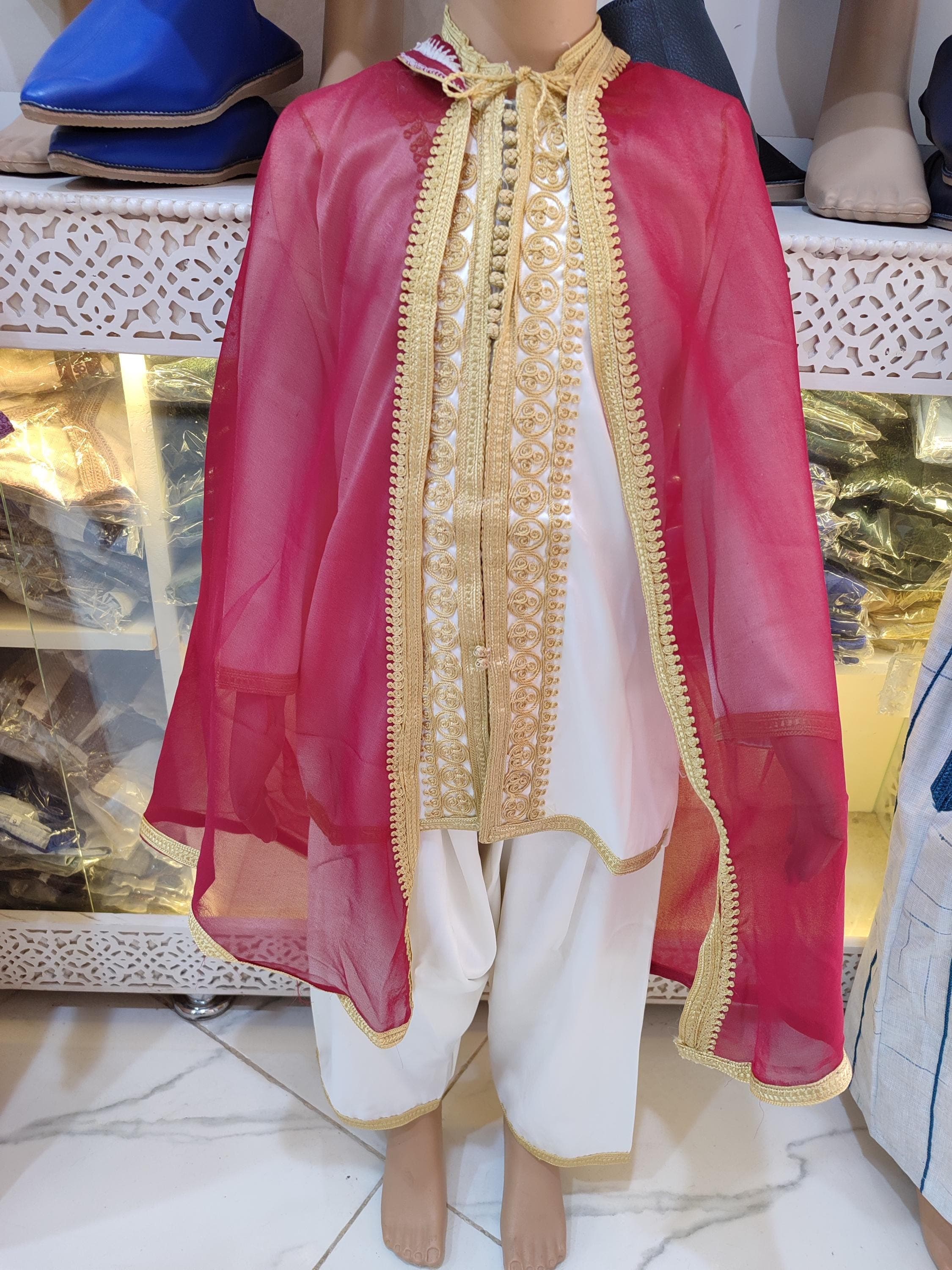 Moroccan Kids Jabador Set | Handmade Traditional 3-Piece Outfit | Embroidered Children Chiffon Clothing
