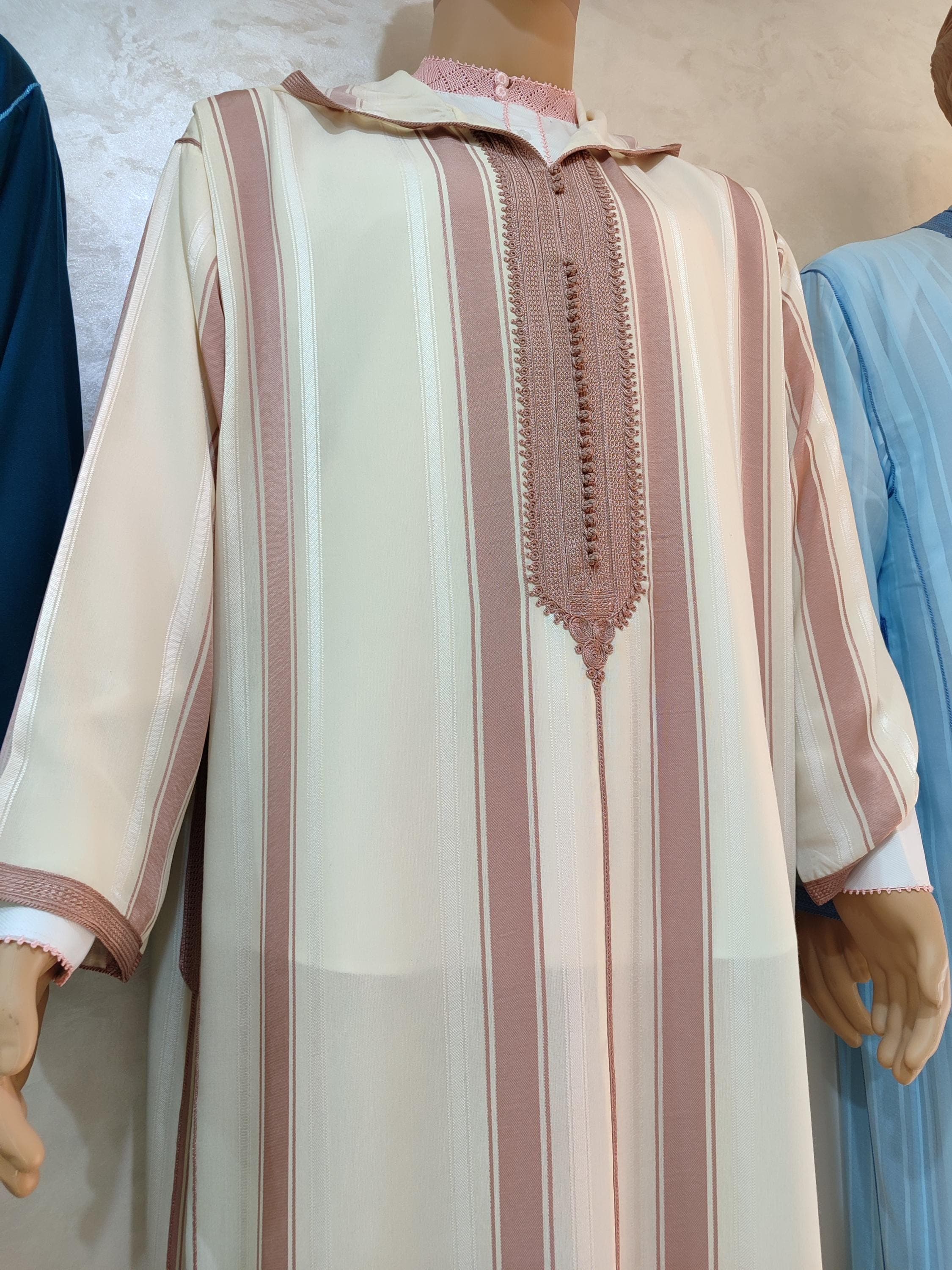 Moroccan Djellaba Men Cream Mauve Traditional Handmade Eid Wedding Robe