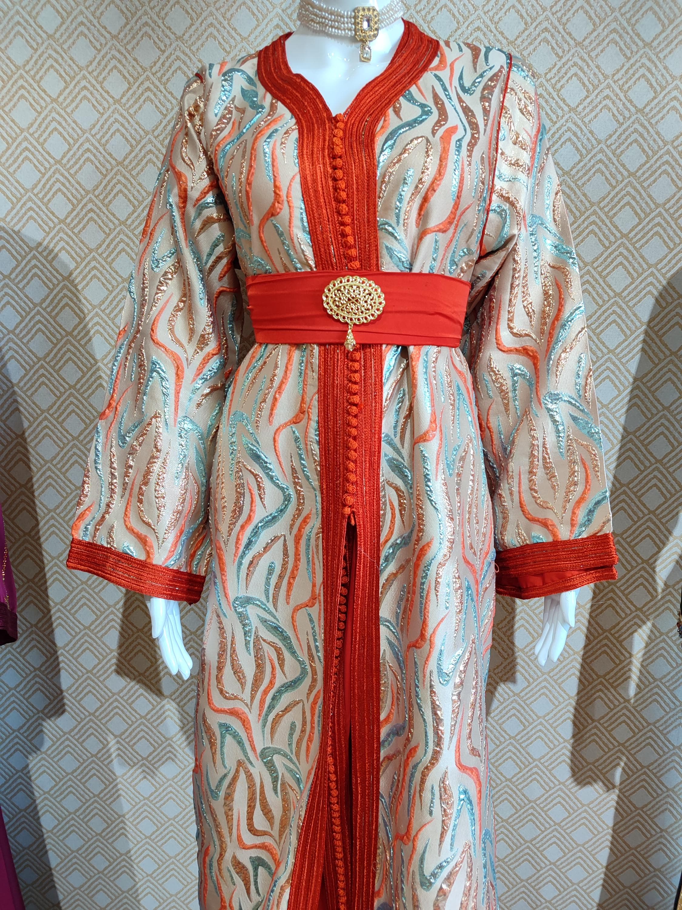 Handmade Coral Moroccan Takchita: Embroidered Wedding Caftan