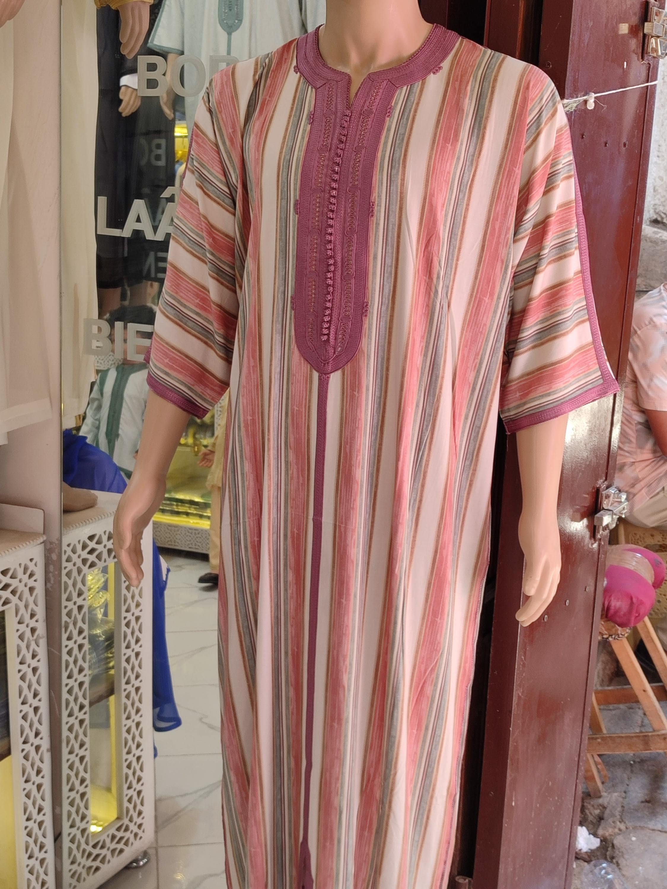 Handmade Moroccan Striped Thobe: Embroidered Neckline, Islamic Clothing