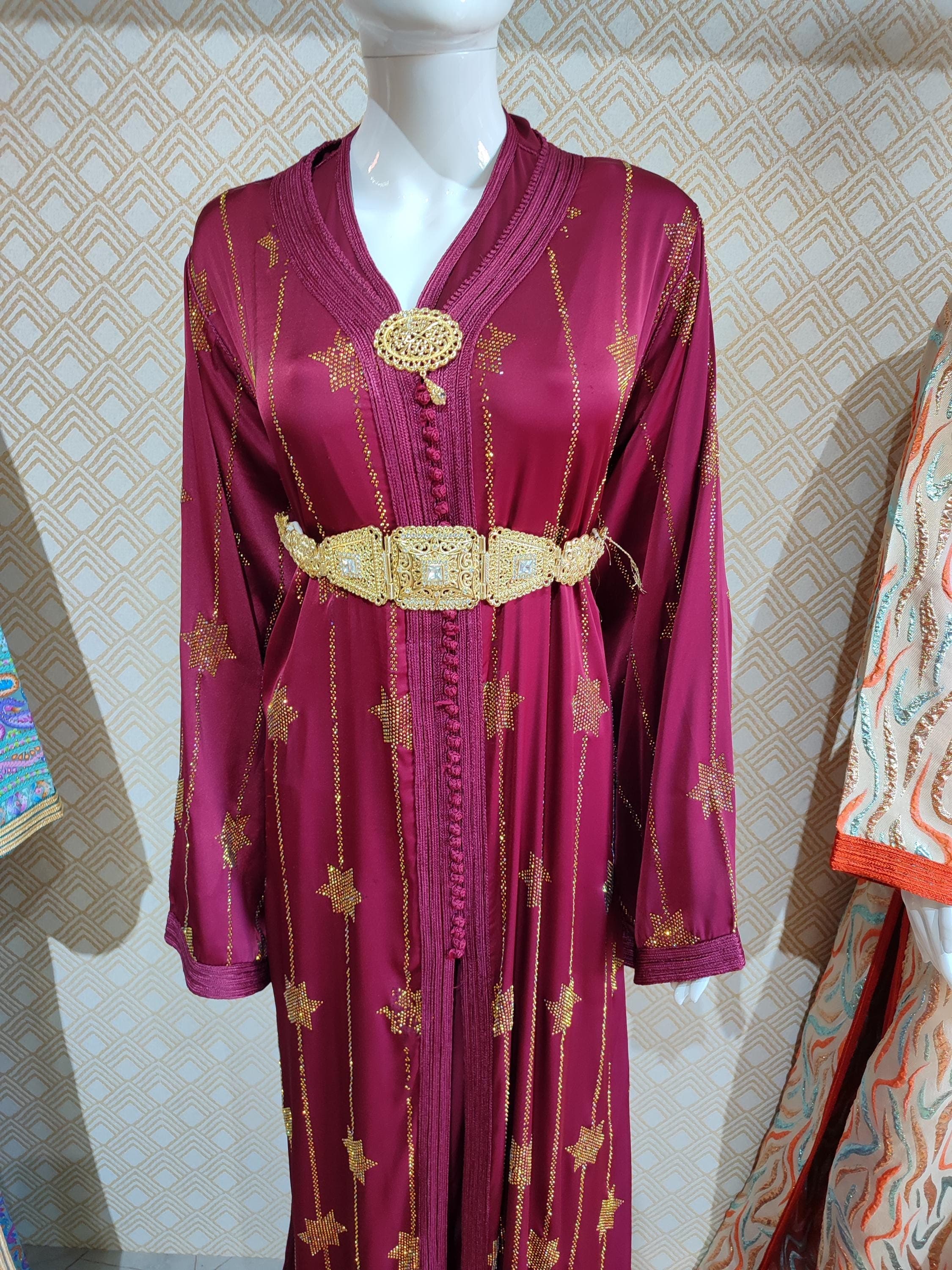 Burgundy Moroccan Takchita: Golden Star Embroidered Kaftan Wedding Dress