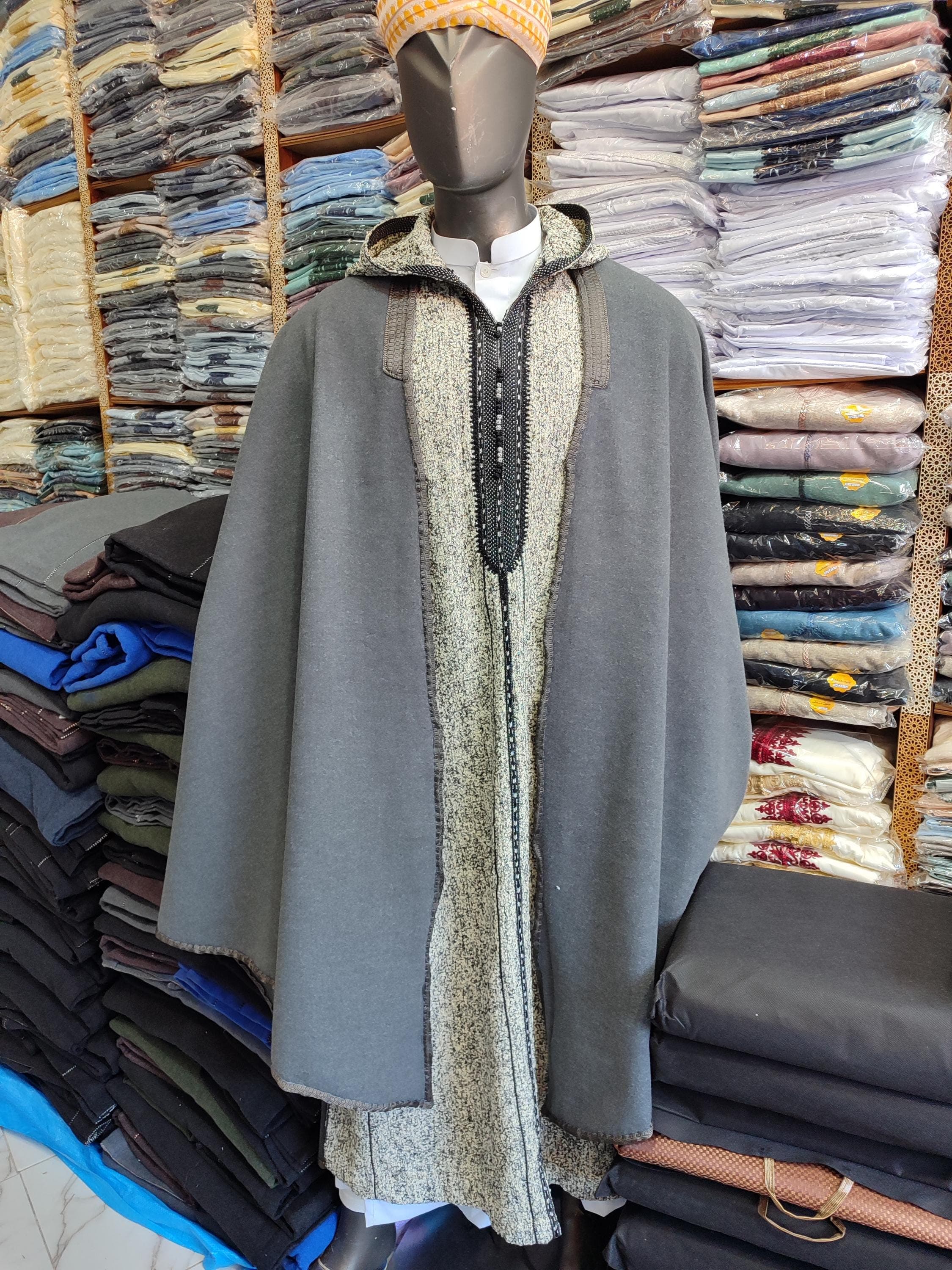 Gray Moroccan Winter Djellaba with Selham | Hooded Thobe Set | Warm Cotton Traditional Dress
