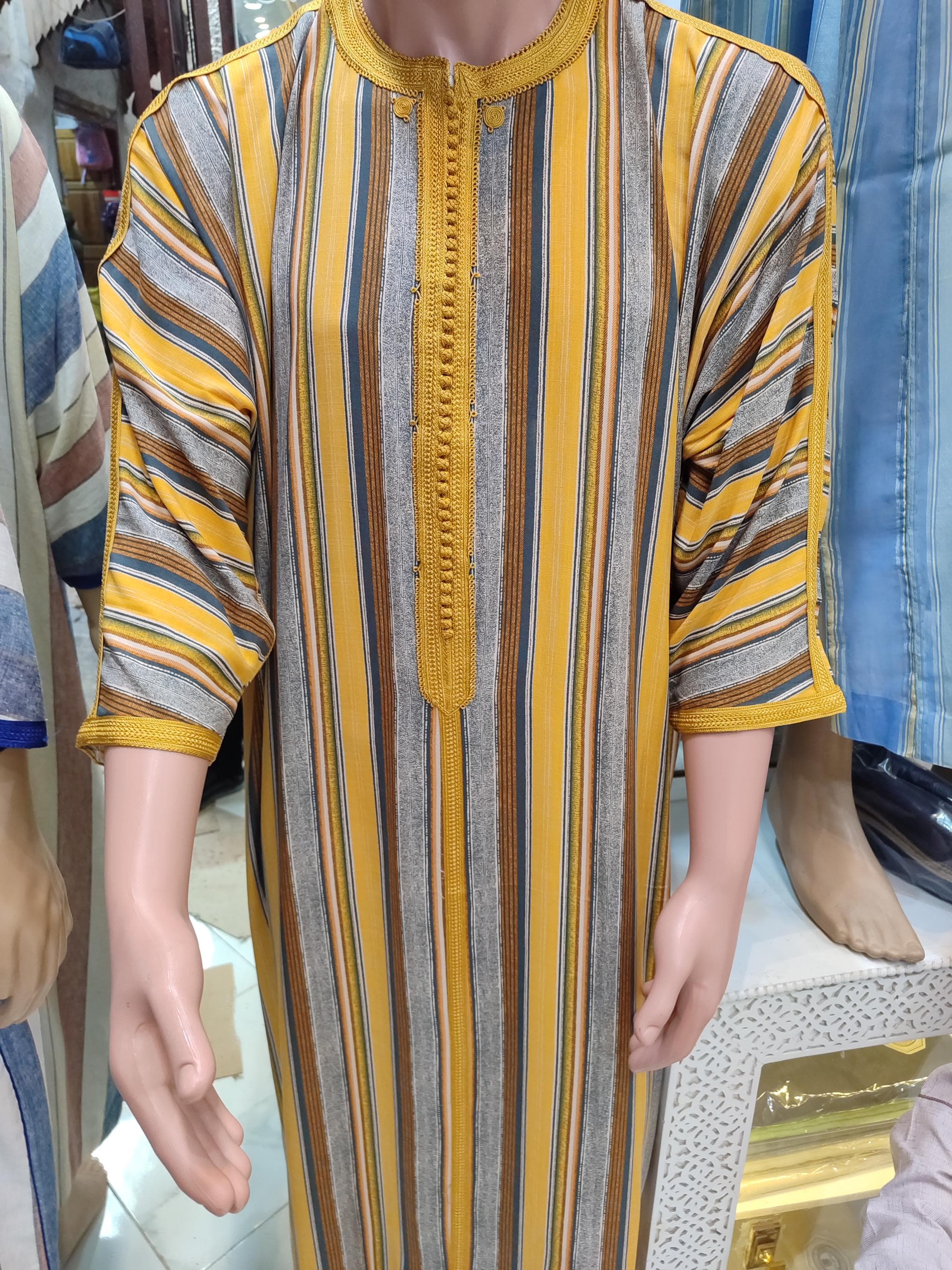 Moroccan Men's Djellaba: Gold Striped Kaftan Robe, Handmade