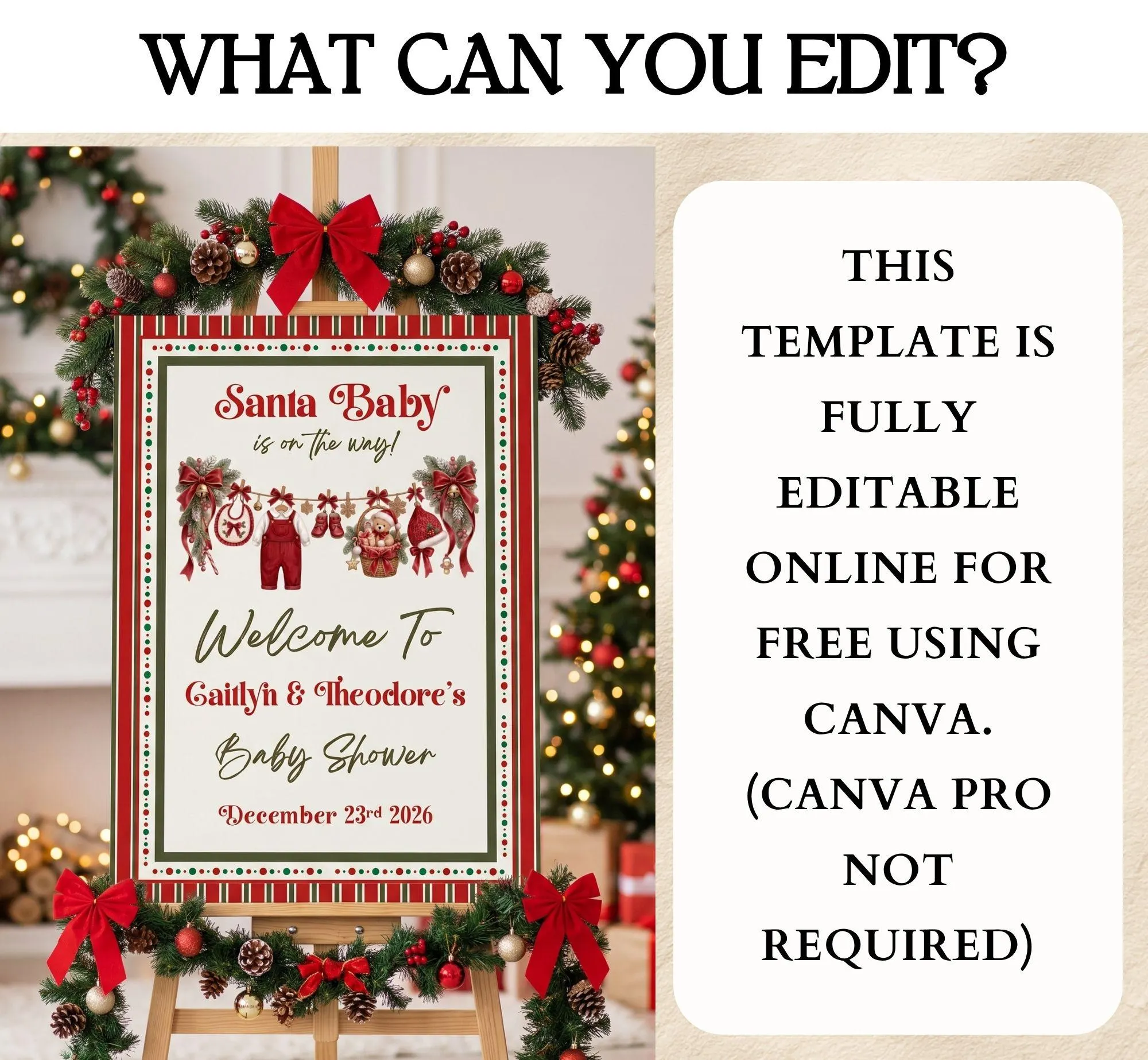 Santa Baby Boy Shower Welcome Sign, Editable Christmas Baby Shower Poster, Vintage Holiday Red Stripe, Canva Template, Digital Download - image 5