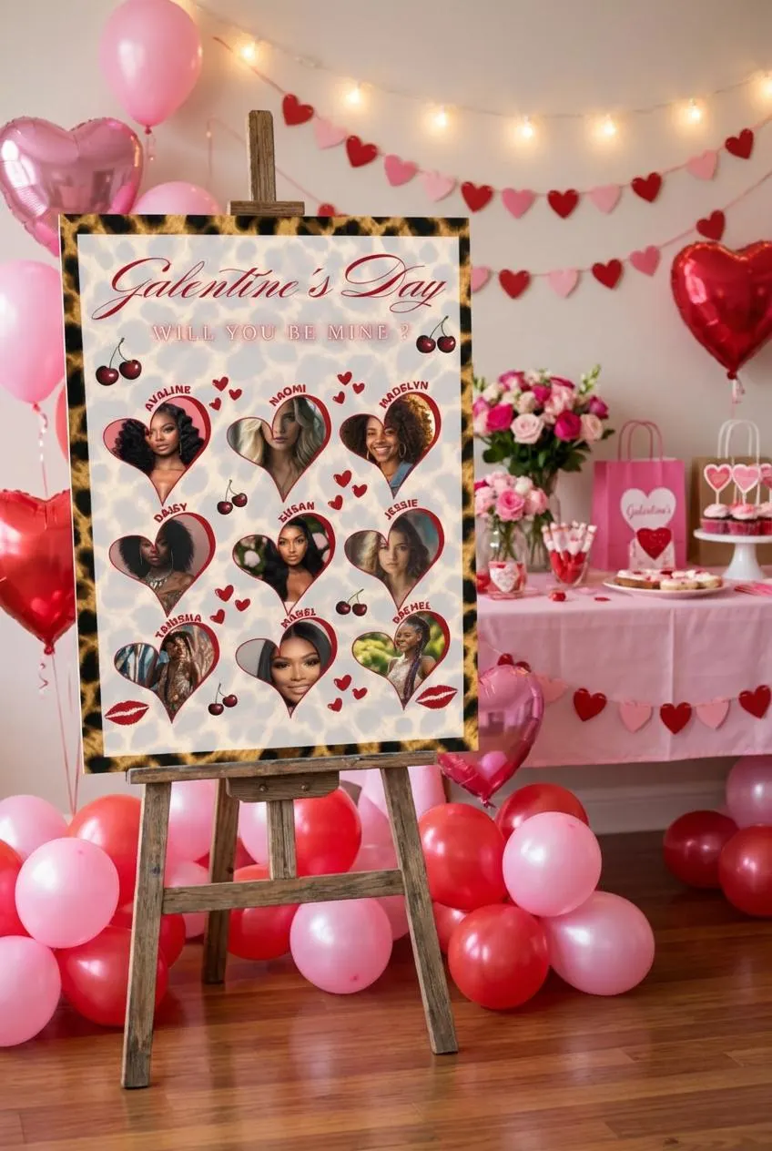 Cheetah Galentines Day Welcome Sign, Editable Cherry Theme Valentines Girls Night Party Poster (Canva Template, Digital Download) - image 5