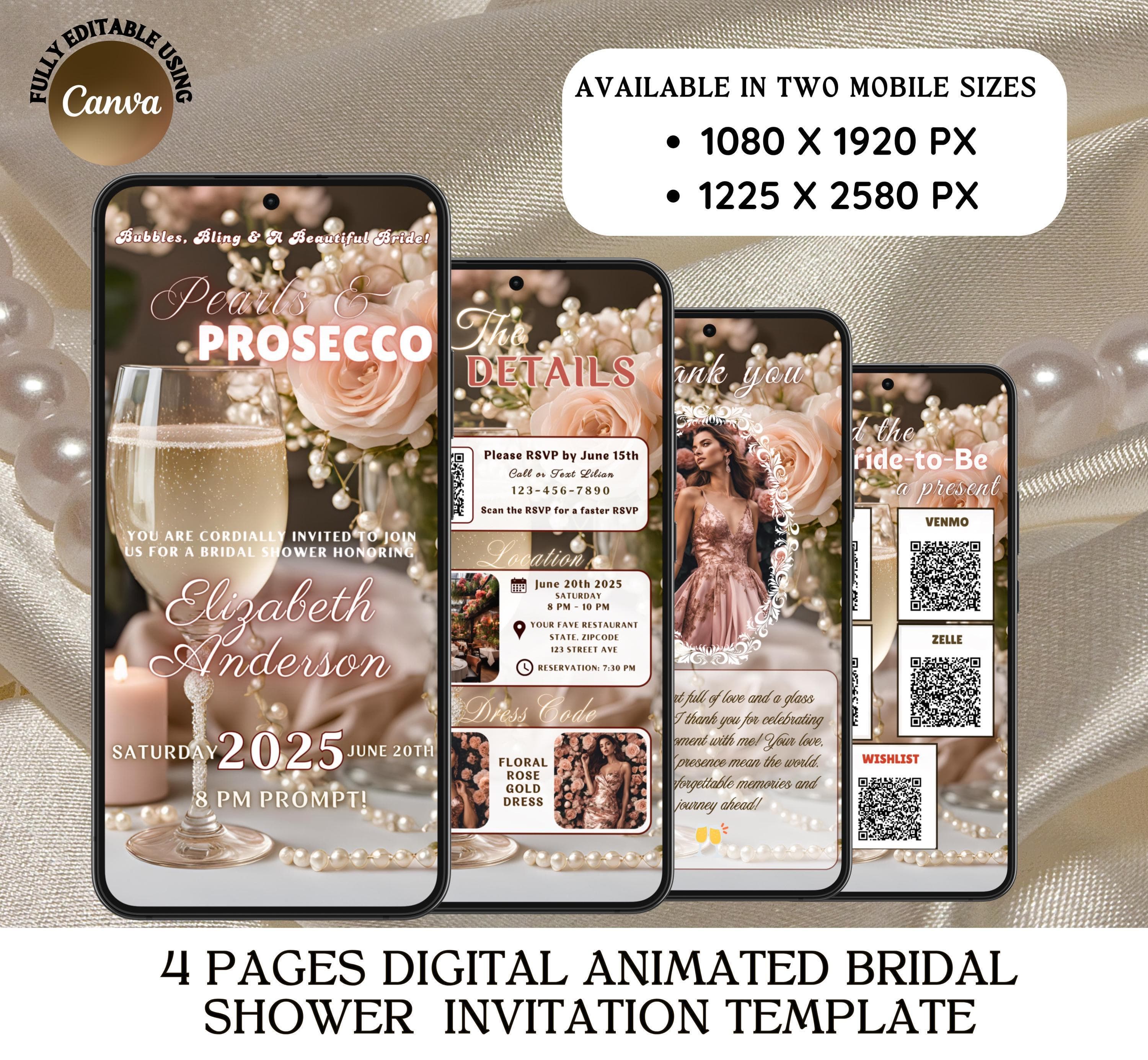 Digital Pearls and Prosecco Bridal Shower Invitation, Editable Animated Bridal Brunch Party Mobile Evite (Digital Download, Canva Template) - image 3