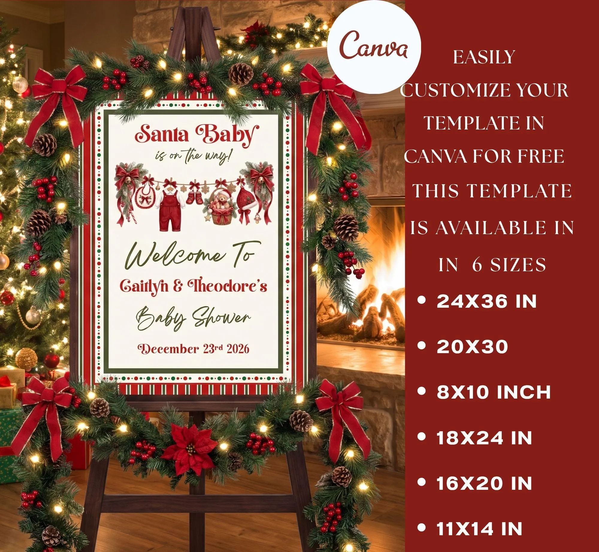 Santa Baby Boy Shower Welcome Sign, Editable Christmas Baby Shower Poster, Vintage Holiday Red Stripe, Canva Template, Digital Download - image 3