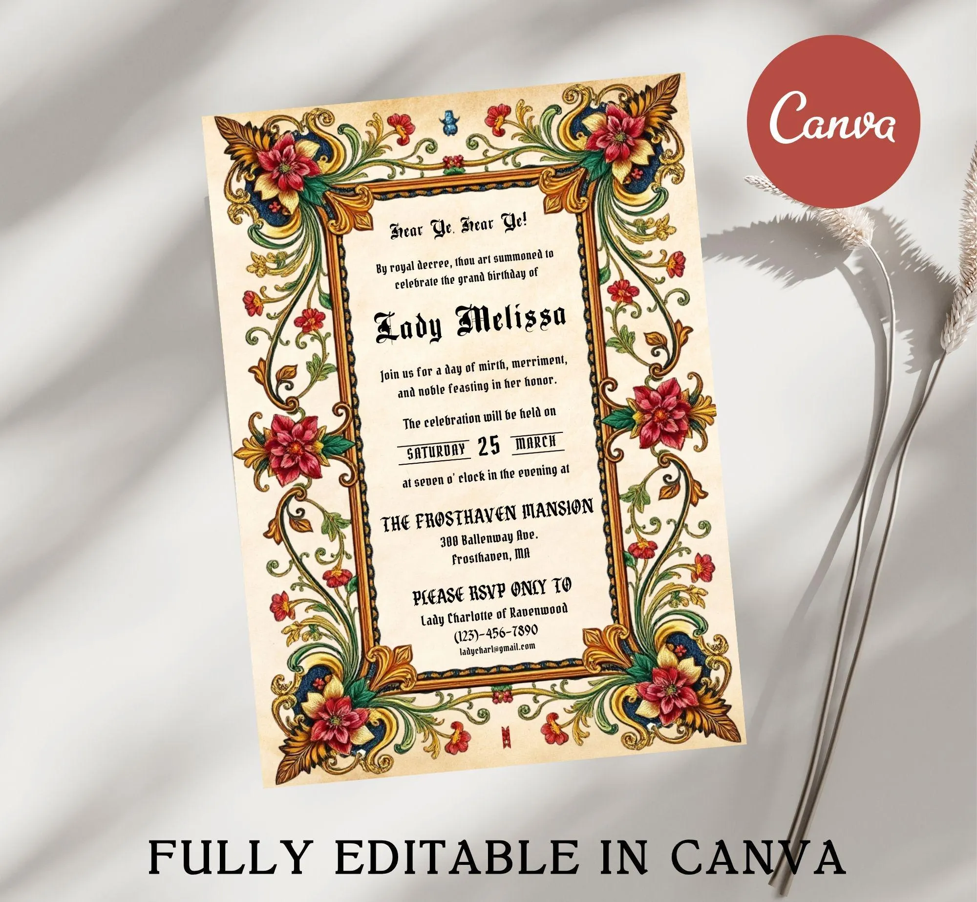 Medieval Birthday Invitation Template, Editable Renaissance Royal Birthday Invite (Digital Download, Canva) - image 3