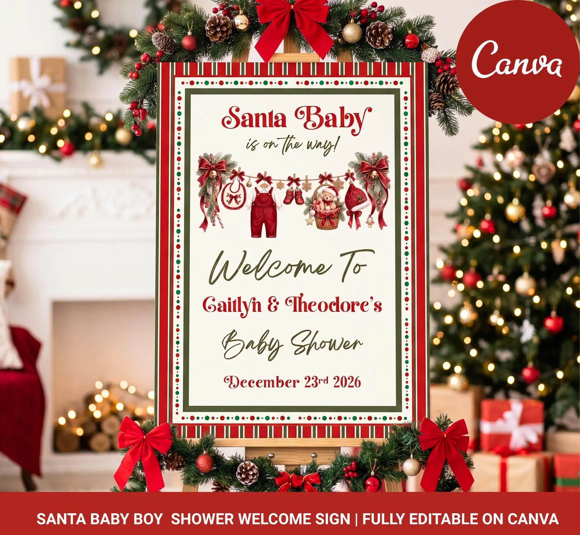Santa Baby Boy Shower Welcome Sign, Editable Christmas Baby Shower Poster, Vintage Holiday Red Stripe, Canva Template, Digital Download