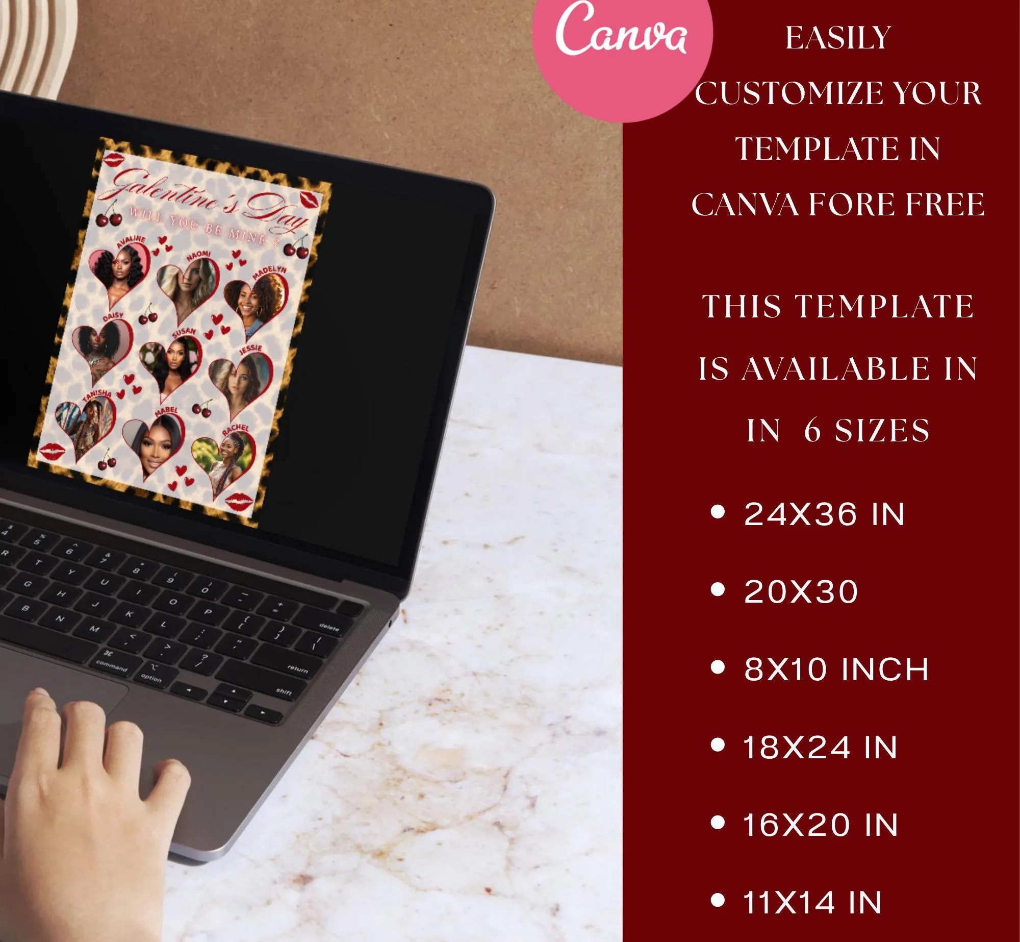 Cheetah Galentines Day Welcome Sign, Editable Cherry Theme Valentines Girls Night Party Poster (Canva Template, Digital Download) - image 3