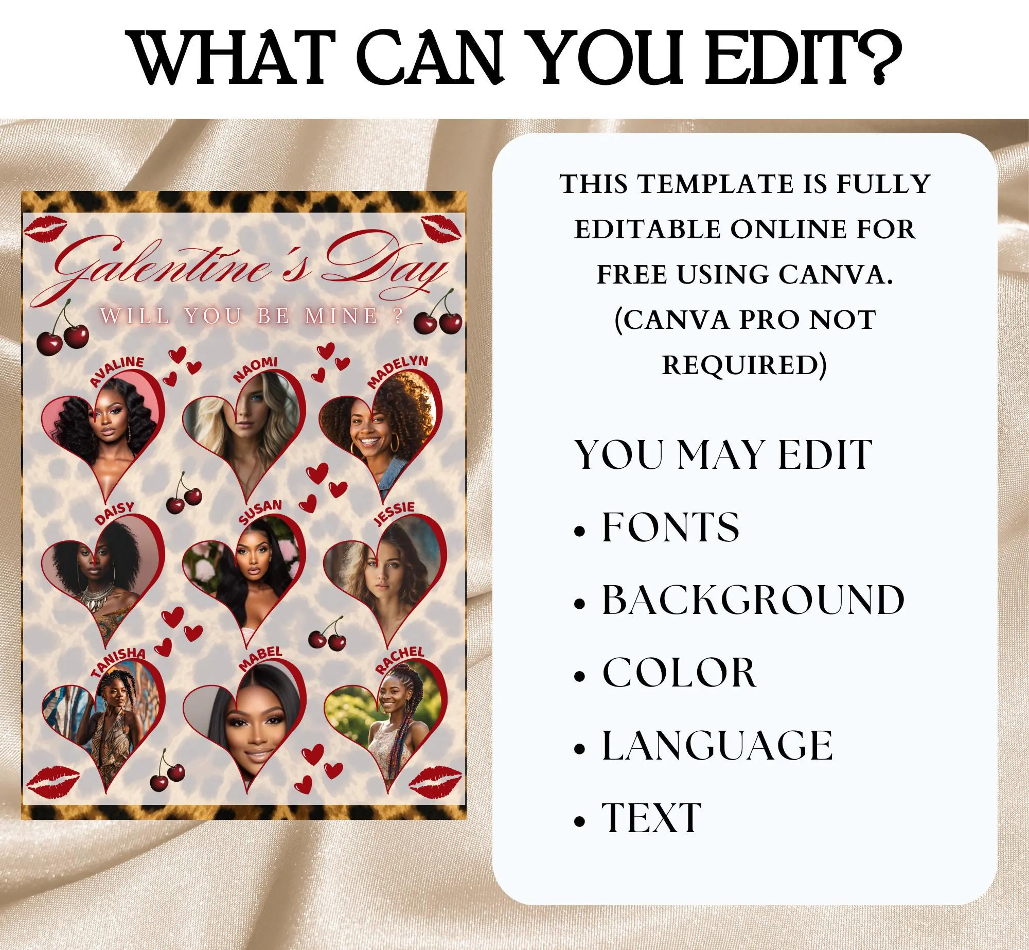 Cheetah Galentines Day Welcome Sign, Editable Cherry Theme Valentines Girls Night Party Poster (Canva Template, Digital Download) - image 4