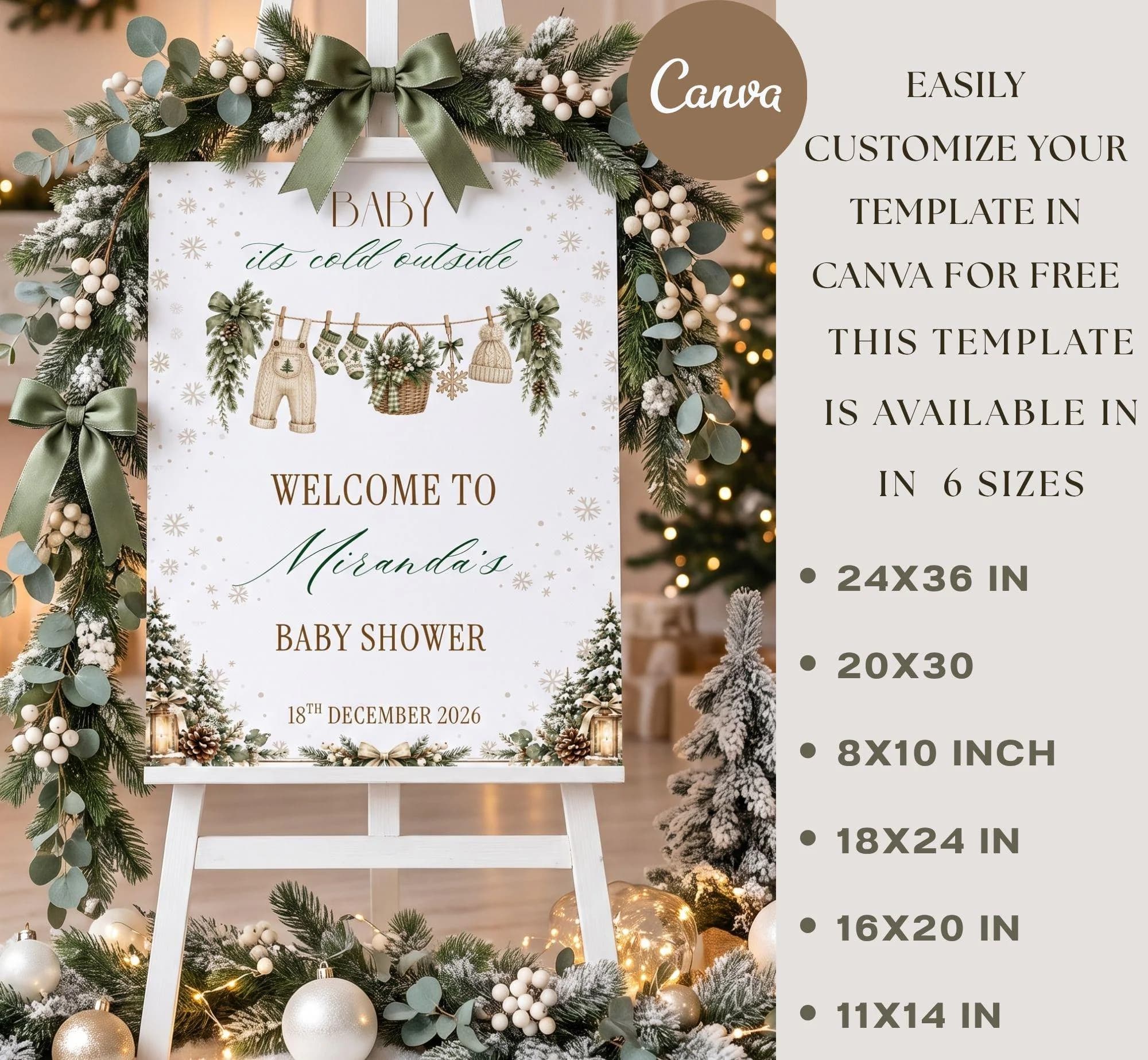 Baby It's Cold Outside Welcome Sign, Editable Christmas Baby Shower Poster, Winter Wonderland Signage (Digital Download, Canva Template) - image 3