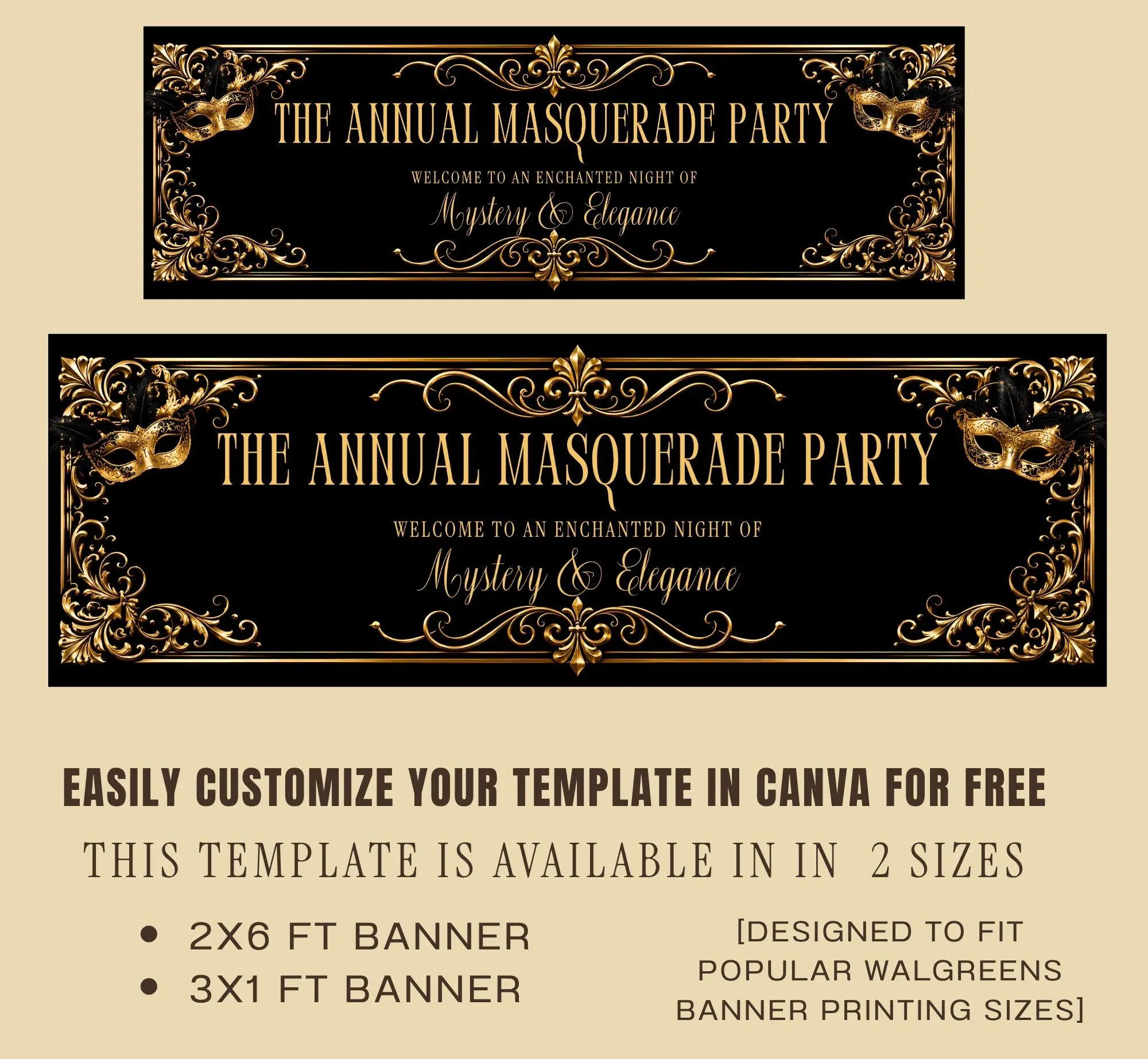 Masquerade Banner Template, Editable Halloween Masquerade Ball Decor, Elegant Black Gold Masquerade Banner (Digital Download, Canva - image 3