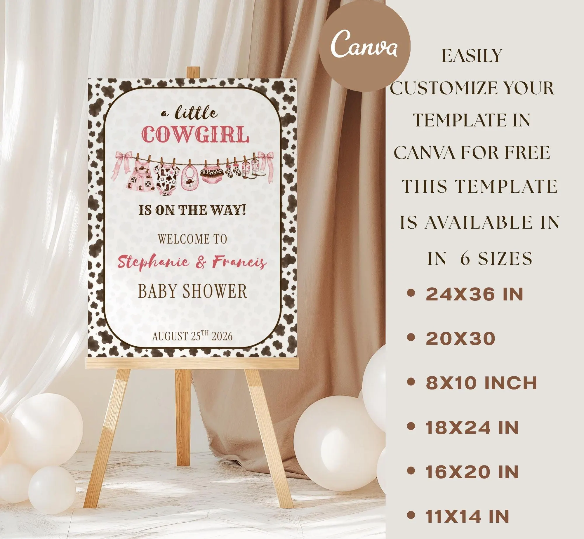 Cowgirl Baby Shower Welcome Sign, Editable Little Cowgirl Is On The Way Poster, Western Baby Girl Decor (Digital Download, Canva Template) - image 3