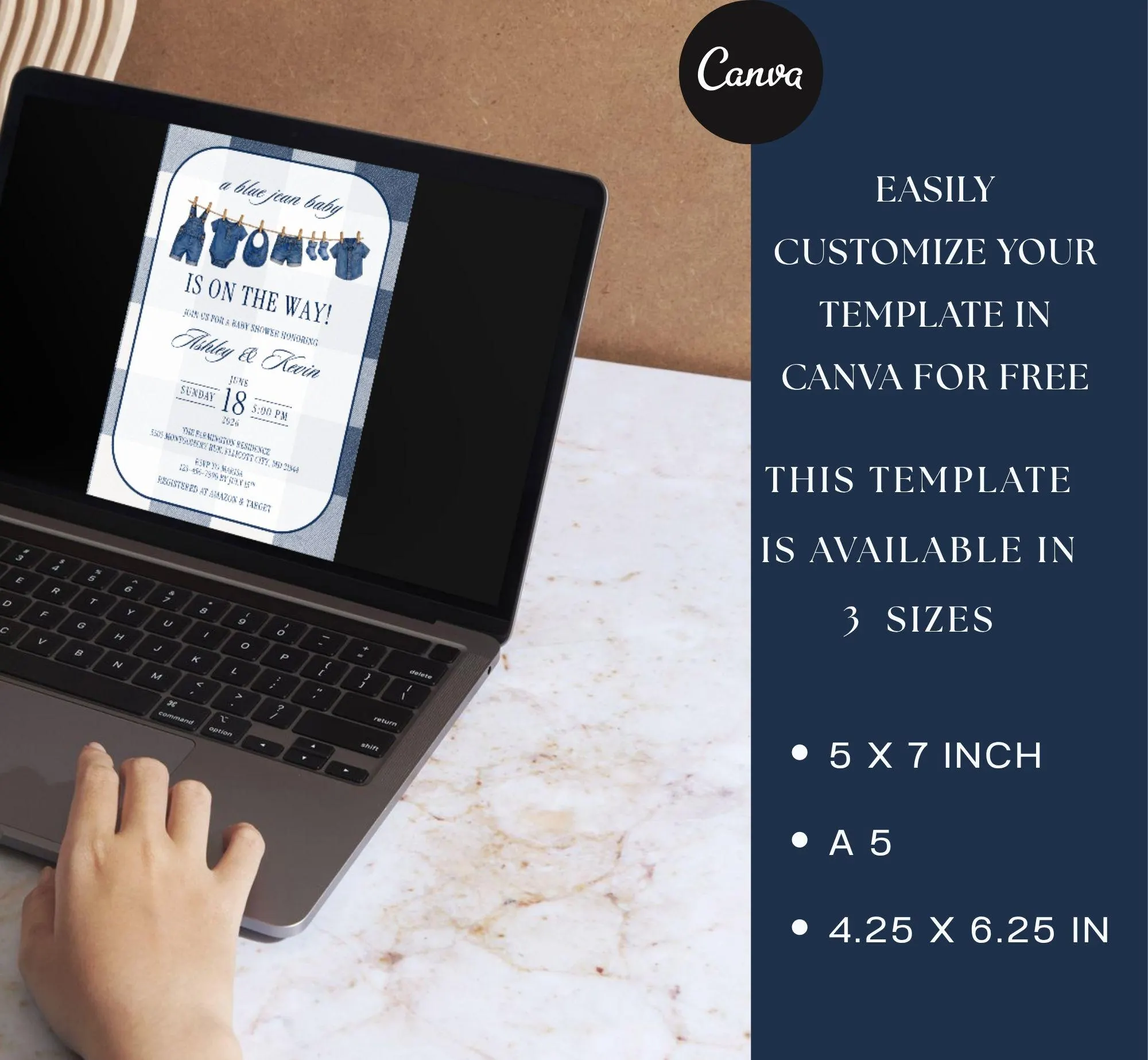 Blue Jean Baby Shower Invitation, Editable Denim Theme Baby Boy Shower Invite, Western Country Baby (Digital Download, Canva Template) - image 5