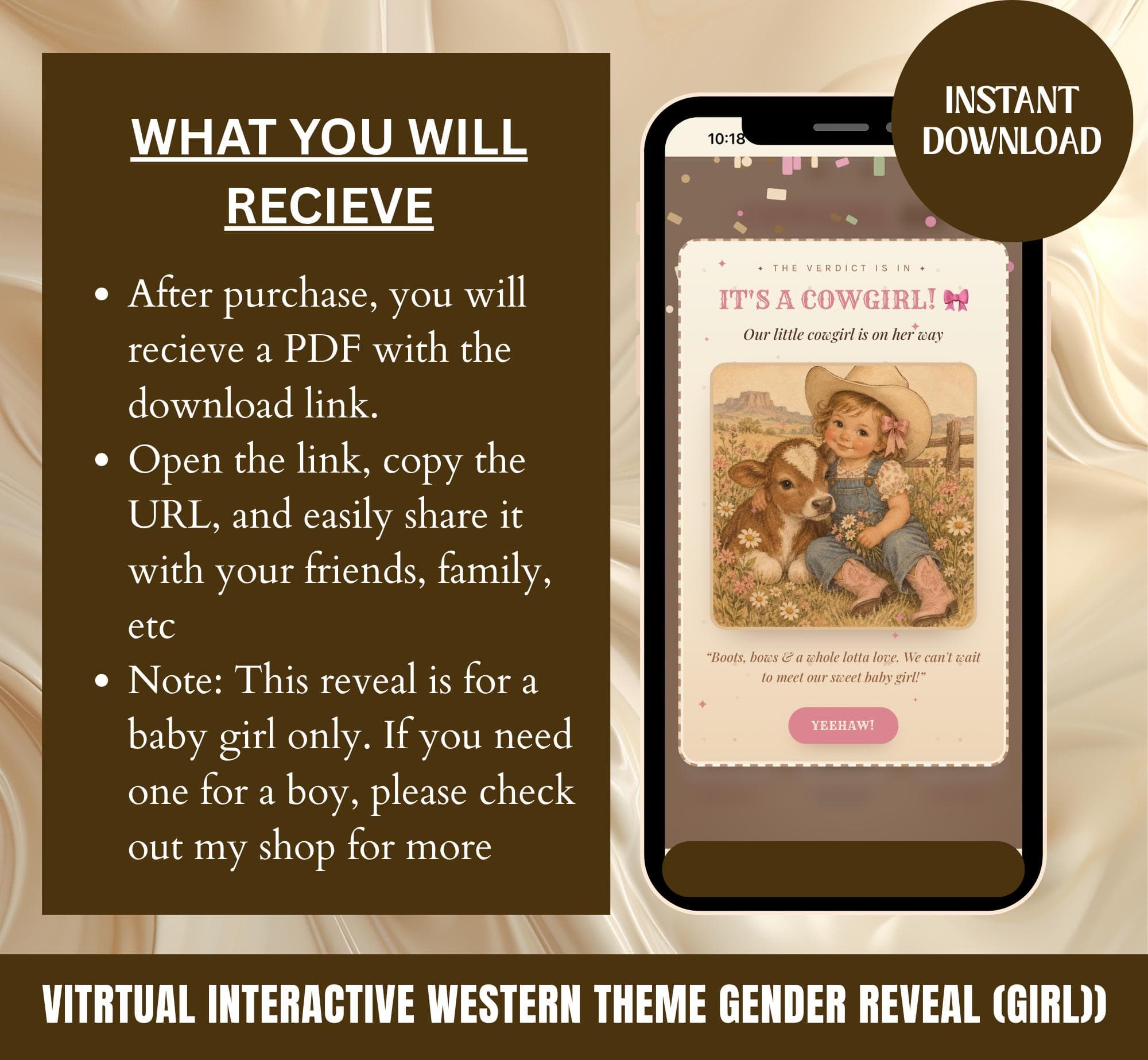 Western Interactive Gender Reveal, It's a Girl Suprise Baby Reveal, Digital Pregnancy Scratch Card Game, Virtual Cowgirl Announcement - image 3