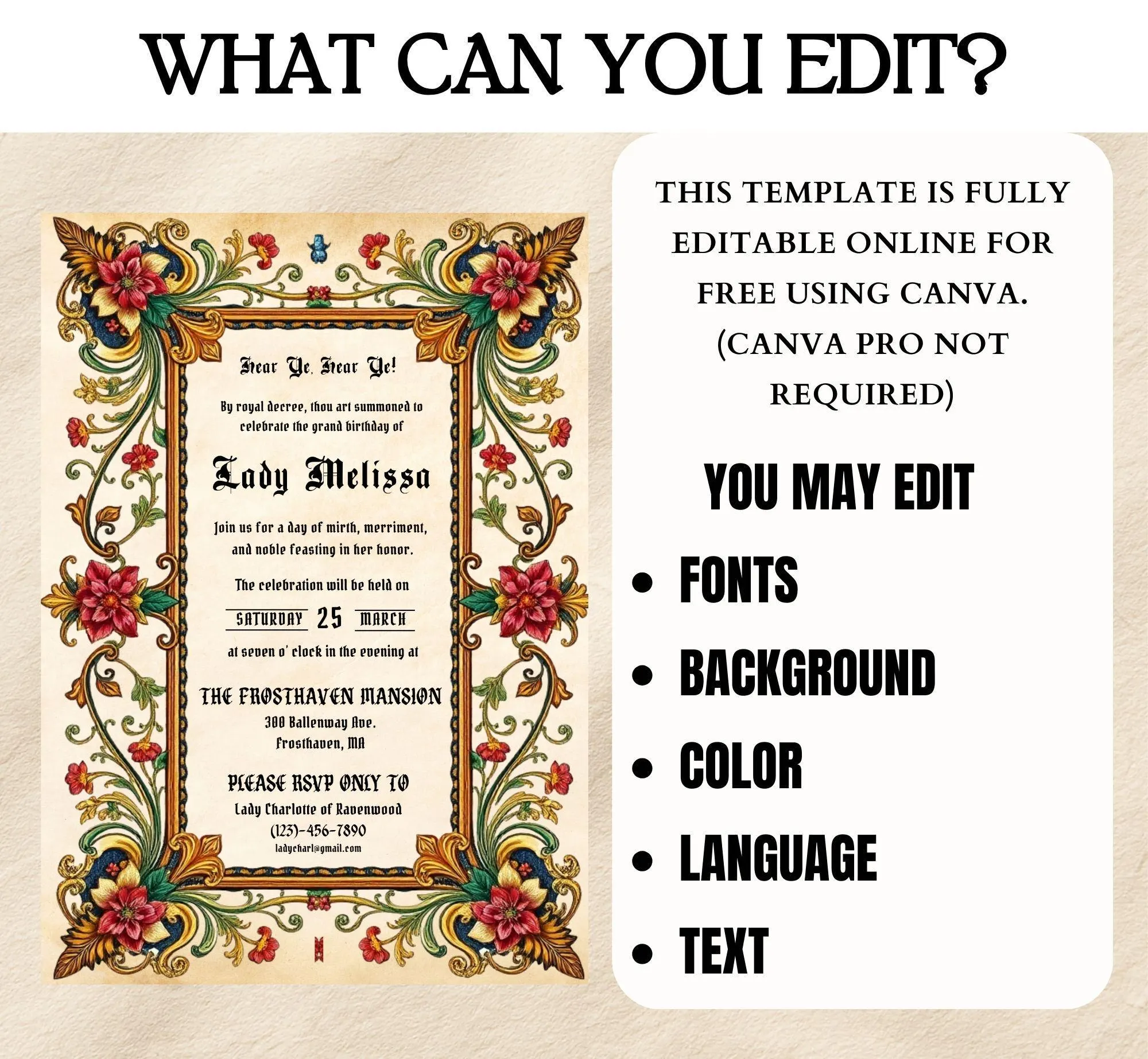 Medieval Birthday Invitation Template, Editable Renaissance Royal Birthday Invite (Digital Download, Canva) - image 5
