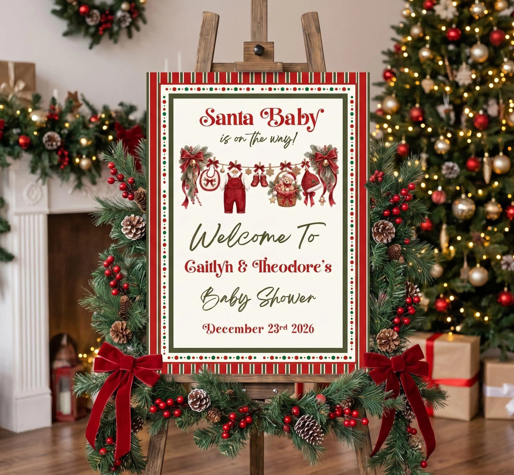 Santa Baby Boy Shower Welcome Sign, Editable Christmas Baby Shower Poster, Vintage Holiday Red Stripe, Canva Template, Digital Download - image 4