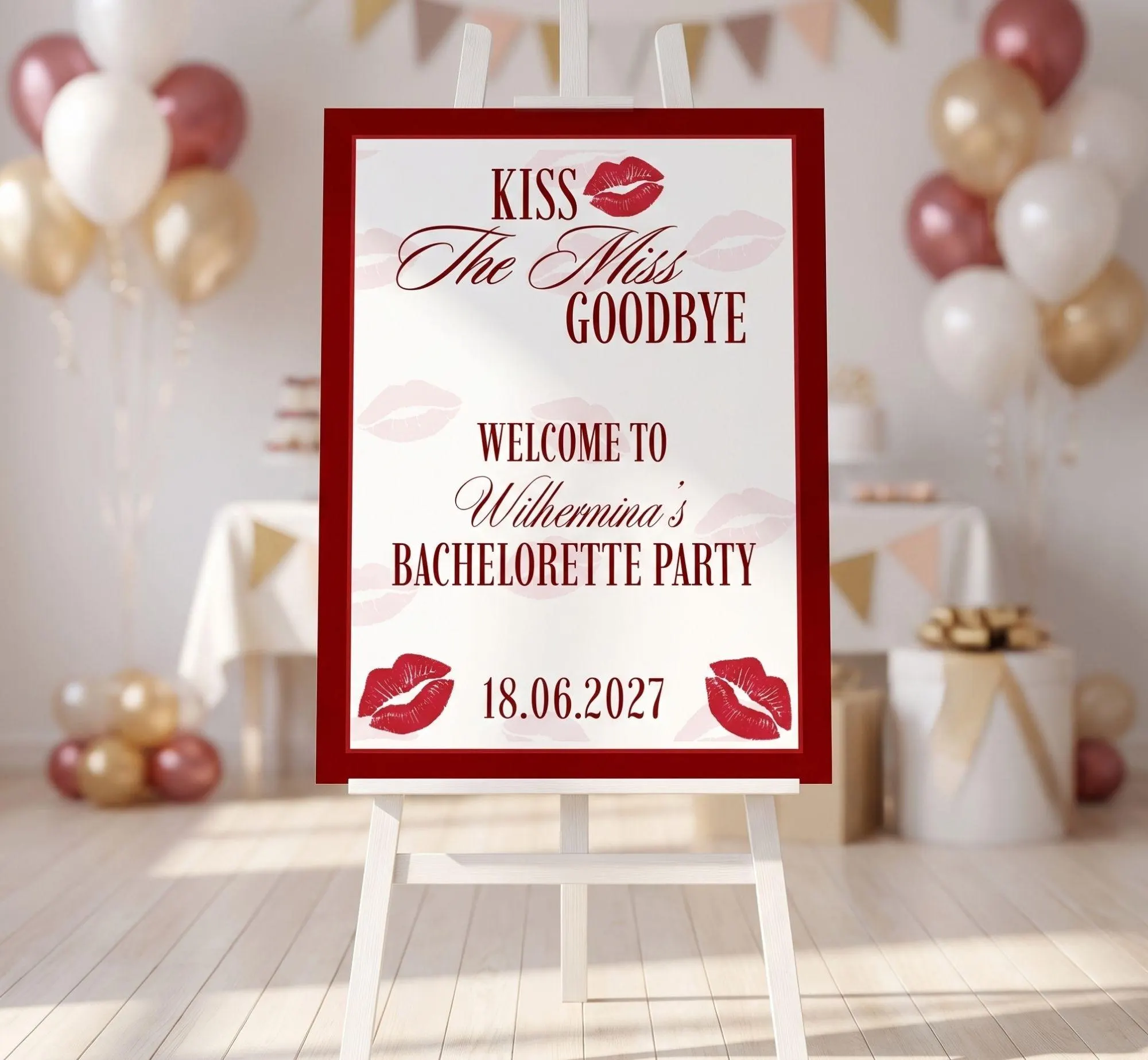 Kiss The Miss Goodbye Welcome Sign, Editable Lips Bachelorette Poster, Hen Party Bridal Decor (Digital Download, Canva Template) - image 3