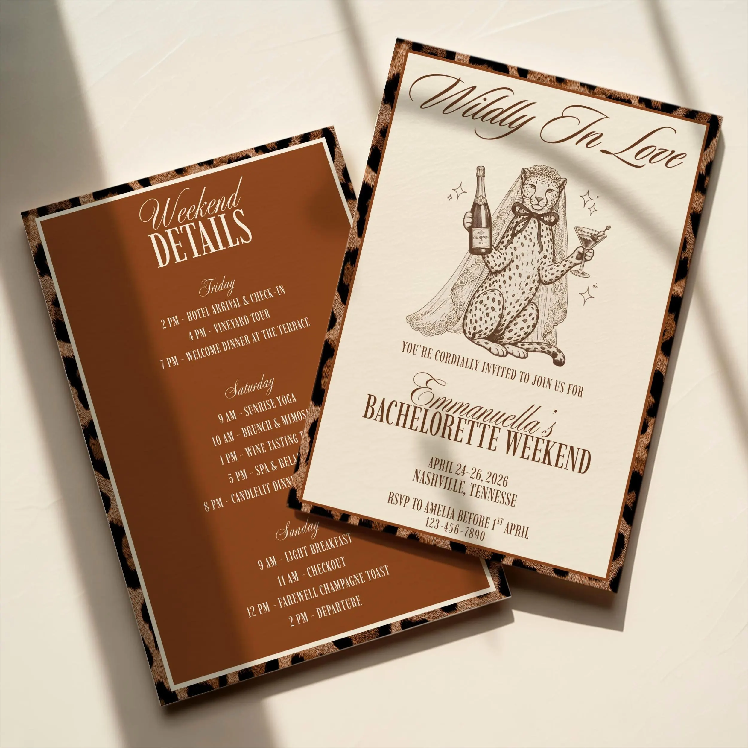 Wildly In Love Bachelorette Invitation, Editable Cheetah Safari Bridal Shower Weekend Itinerary (Digital Download, Canva Template)