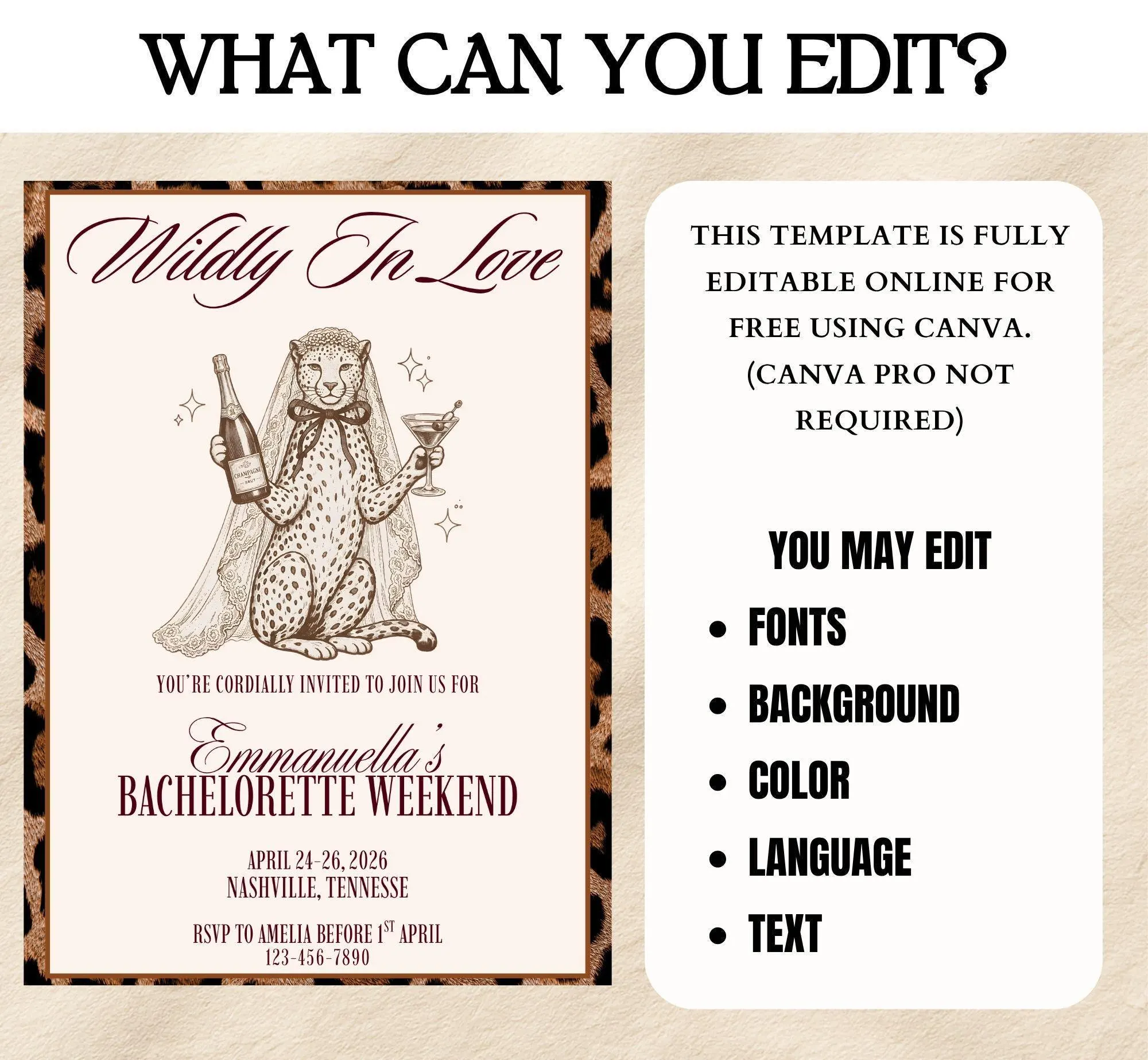 Wildly In Love Bachelorette Invitation, Editable Cheetah Safari Bridal Shower Weekend Itinerary (Digital Download, Canva Template) - image 5