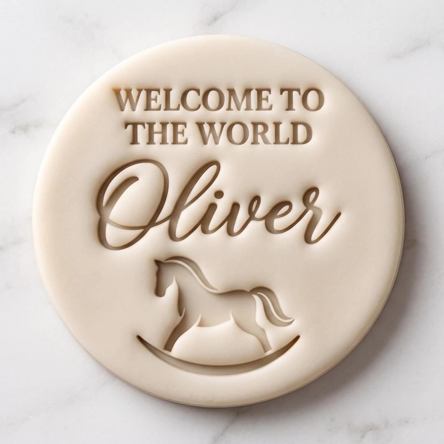Personalised Welcome to the World Cookie Stamp and Cutter Set, Fondant Embosser, Biscuit Icing Stamp, Rocking Horse Custom Name Baby, M&S