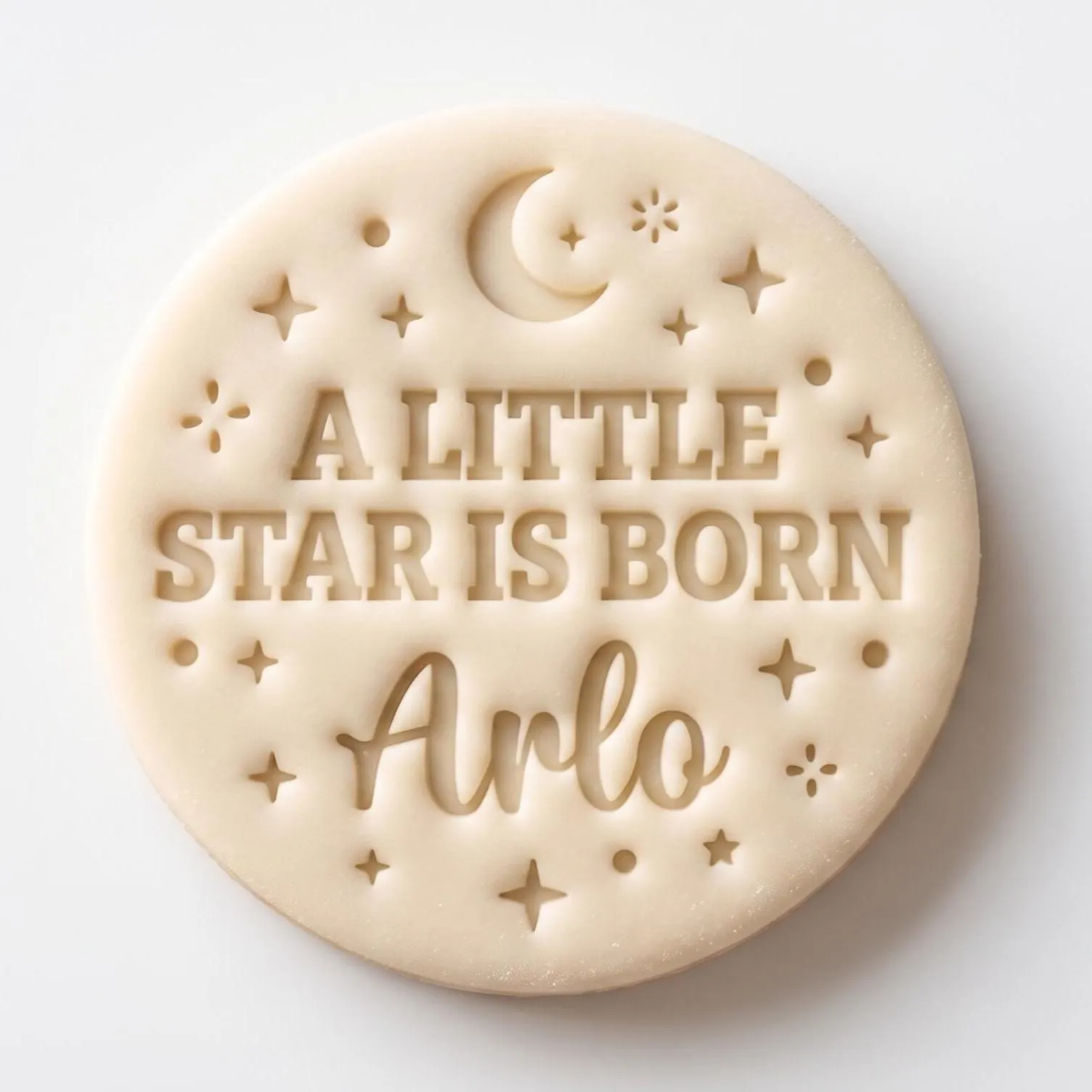 Personalised A Little Star Is Born Crescent Moon Biscuit Icing Stamp and Cutter | Custom Name Baby Shower Fondant Embosser | Newborn Stamp
