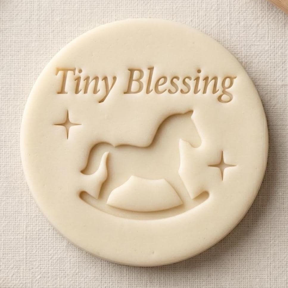 Tiny Blessing Rocking Horse Biscuit Icing Stamp and Cutter Set | Baby Shower Fondant Embosser | Newborn Welcome Baby Cookie Stamp Fits M&S