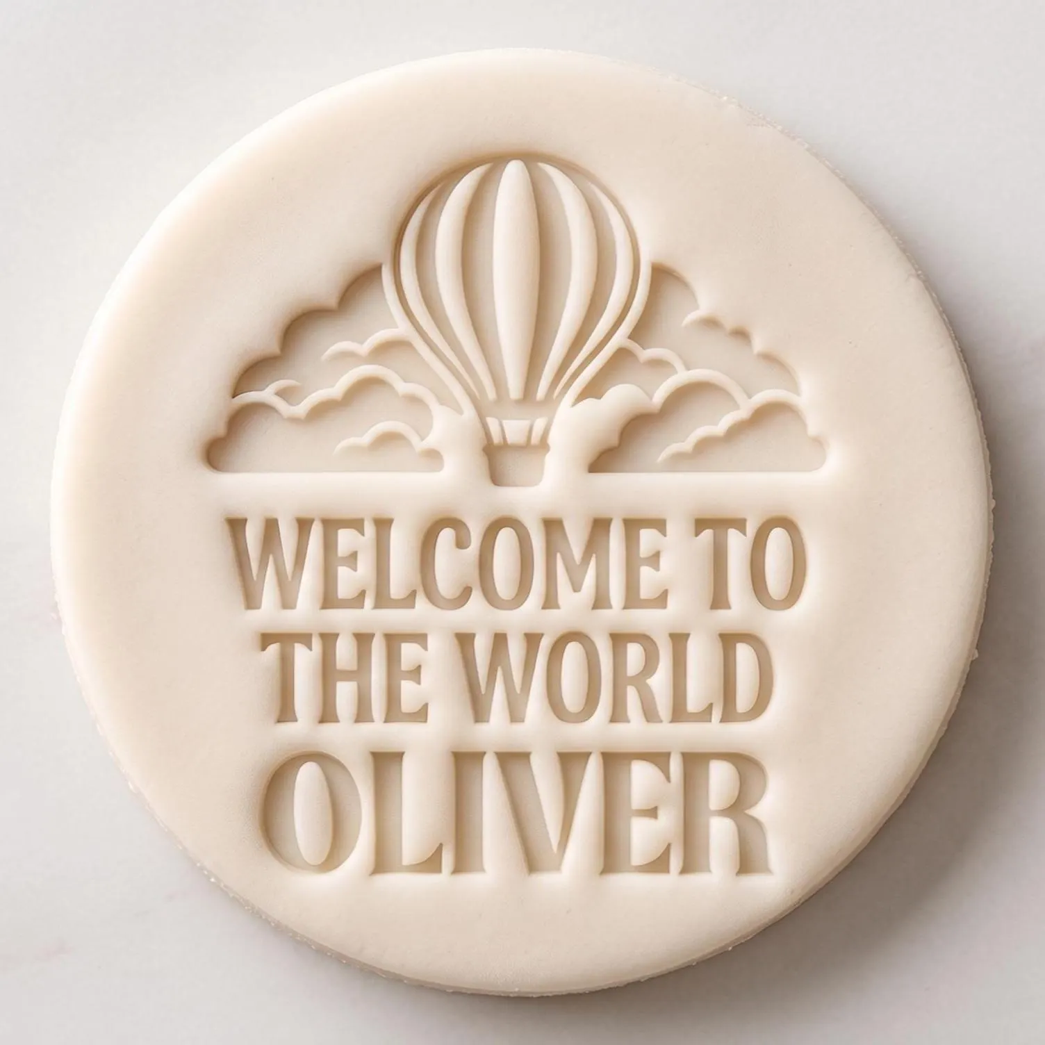 Personalised Welcome to the World Cookie Stamp and Cutter Set, Fondant Embosser, Biscuit Icing Stamp, Hot Air Balloon Baby Cupcake, Fits M&S