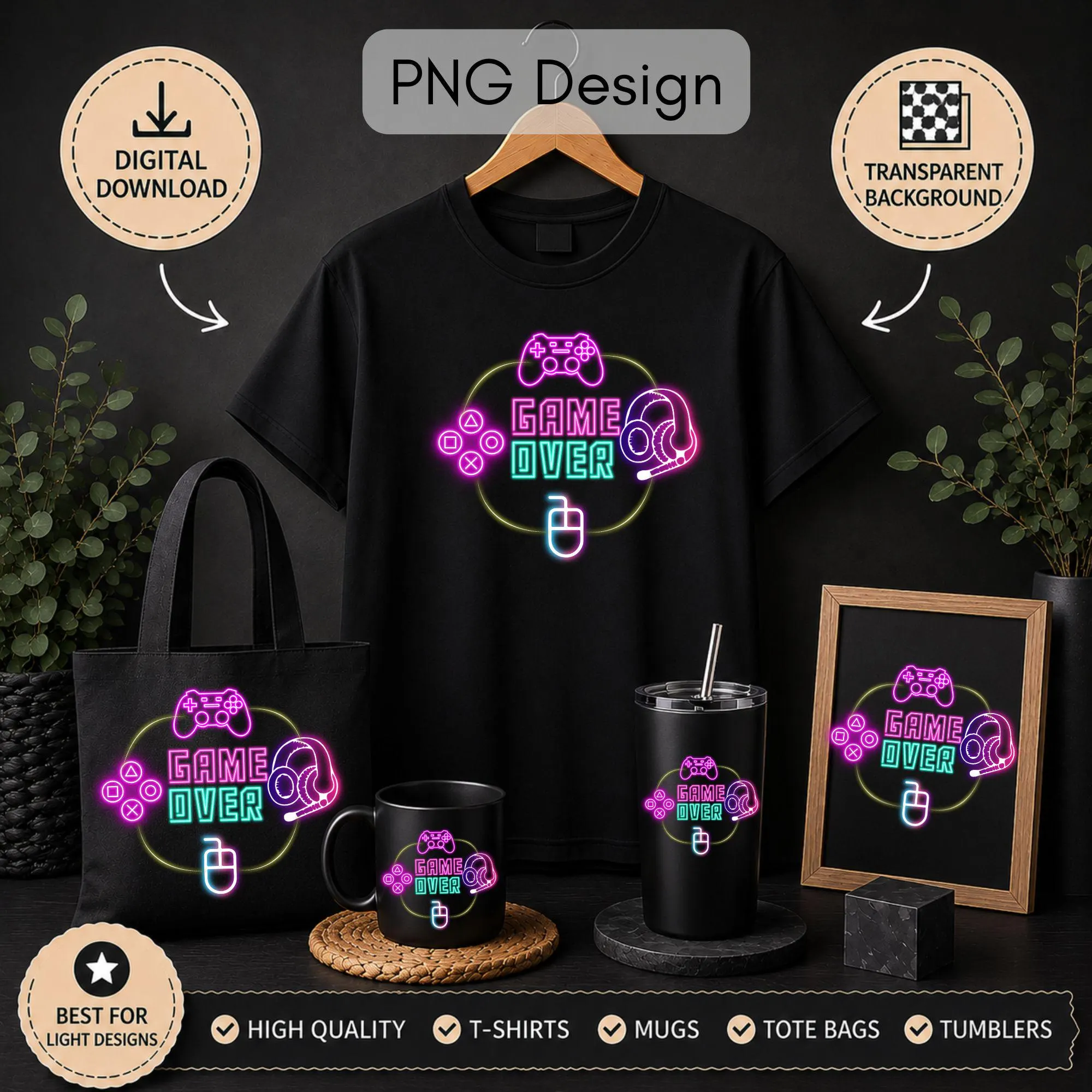 Game Over PNG | Gaming PNG Design | Neon Gamer Sublimation PNG | Video Game Shirt Design | Digital Download