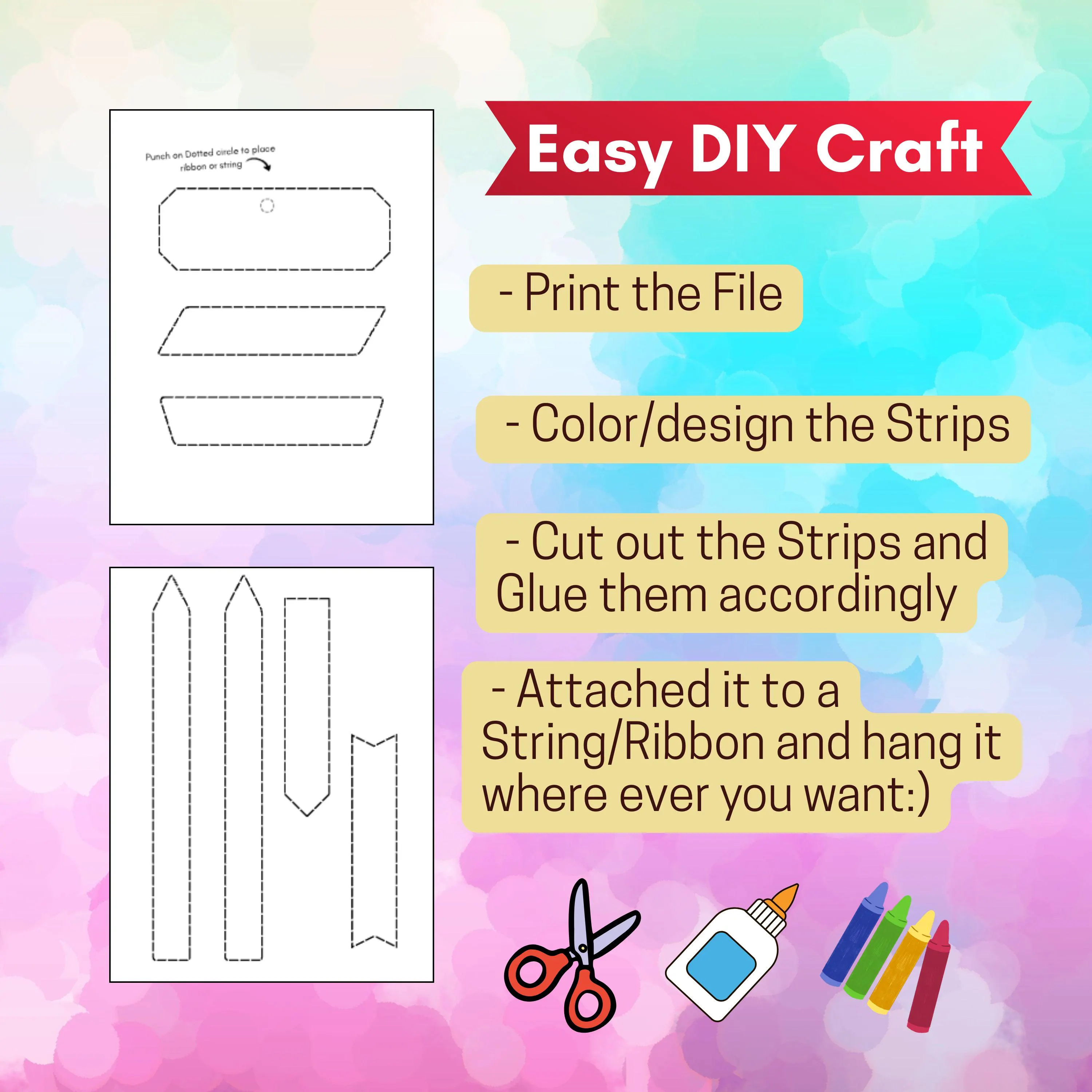Printable kids DIY strip craft activity featuring colorful paper strips. Cut and paste printable PDF for preschool, kindergarten, homeschool, and daycare.
