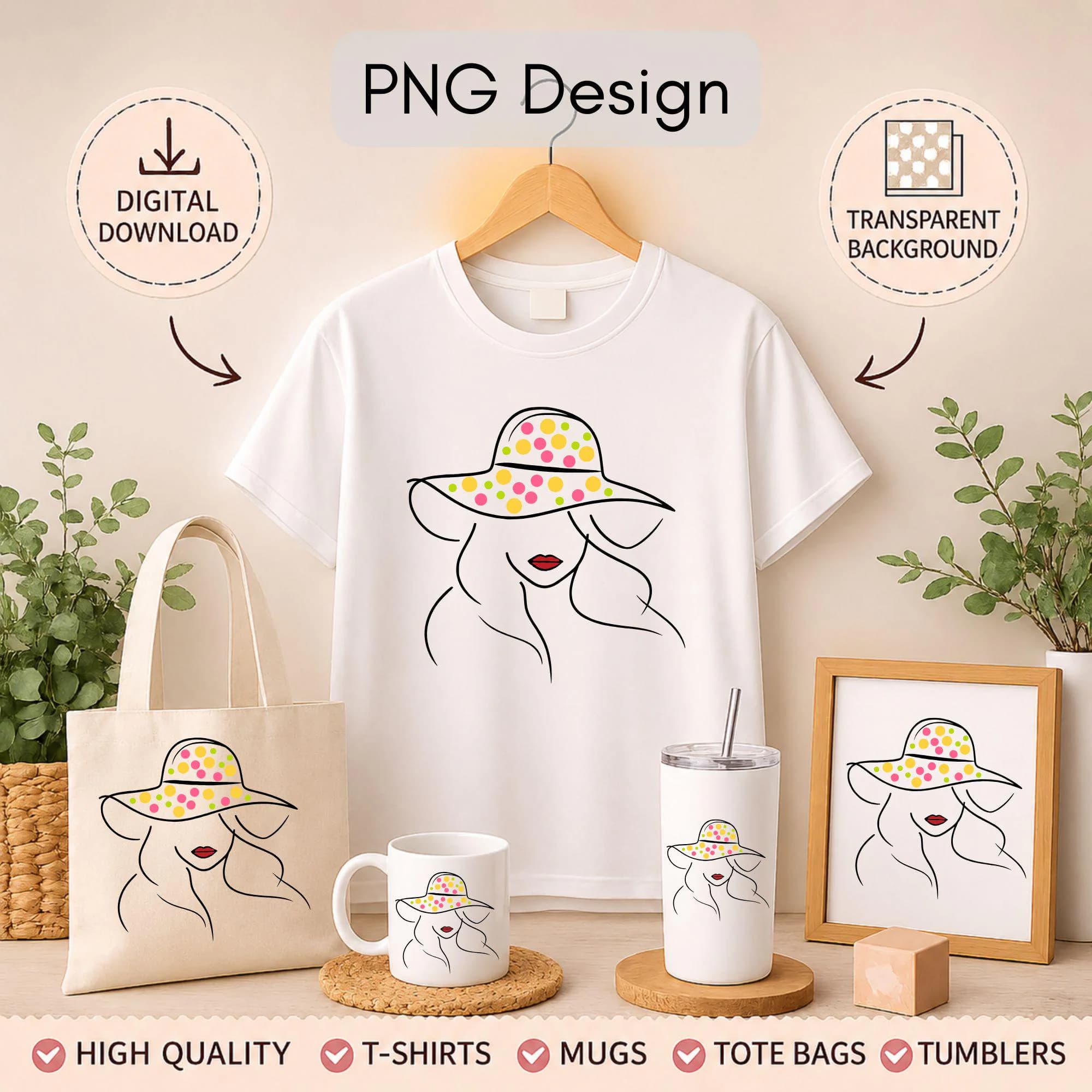 Fashion PNG, Woman Line Art PNG, Minimalist Fashion, Red Lipstick Lady Clipart, Sublimation Design, Polka Dot Hat, Digital Download