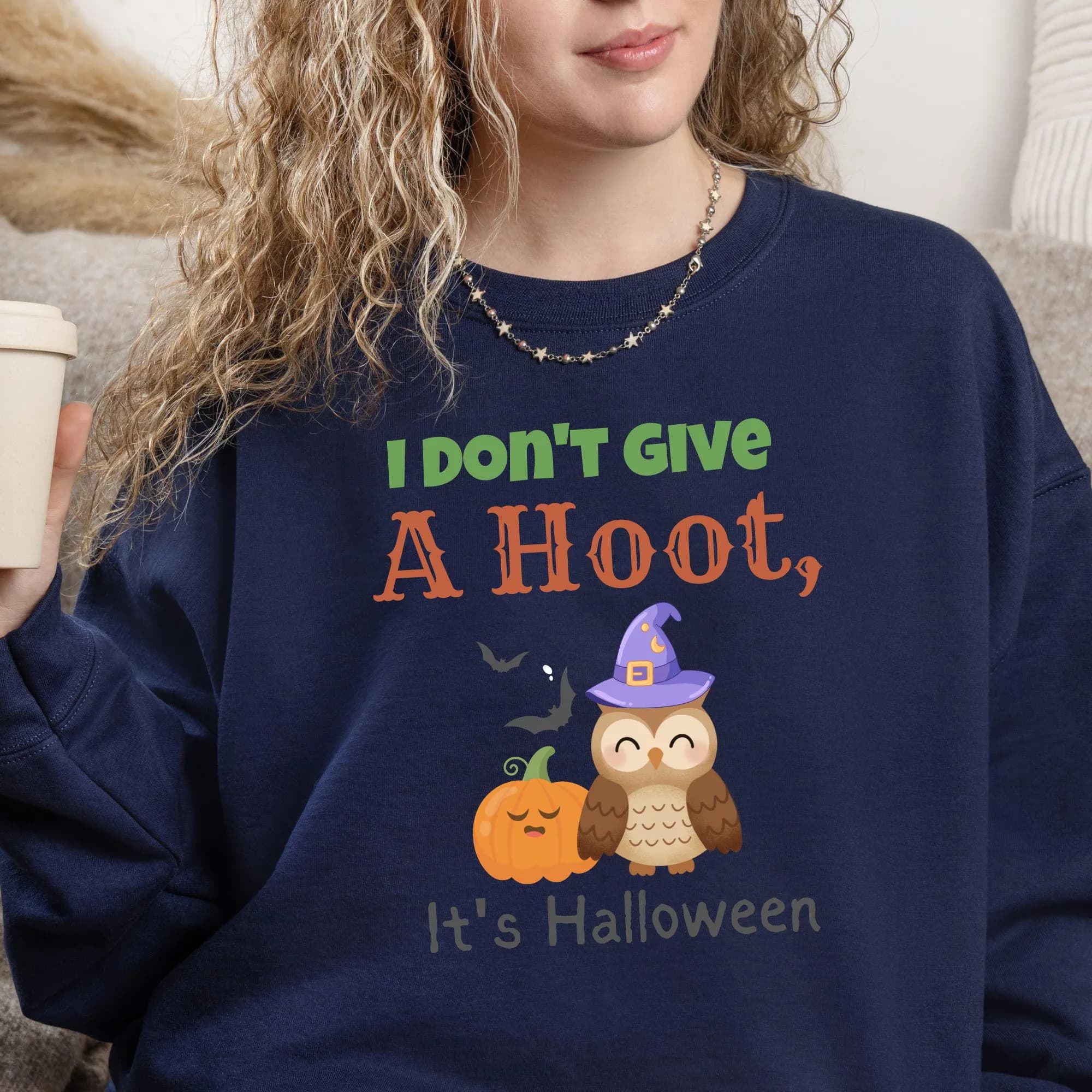 I Don't Give a Hoot It's Halloween PNG featuring a cute witch hat owl and pumpkin on a transparent background.