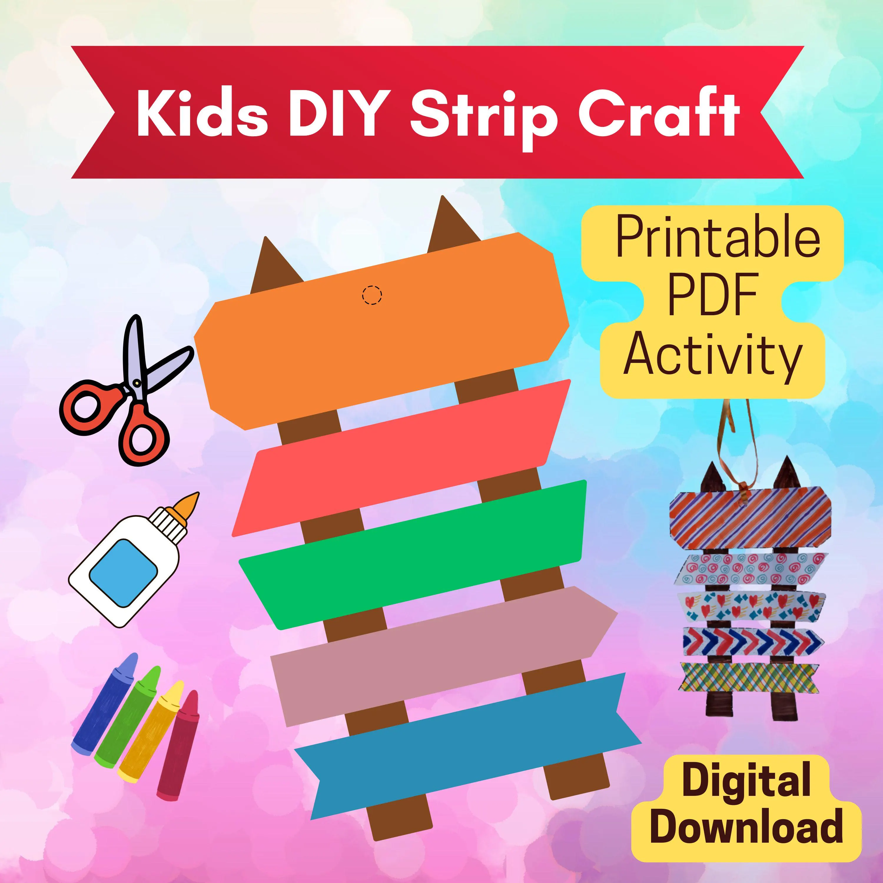 Printable kids DIY strip craft activity featuring colorful paper strips. Cut and paste printable PDF for preschool, kindergarten, homeschool, and daycare.