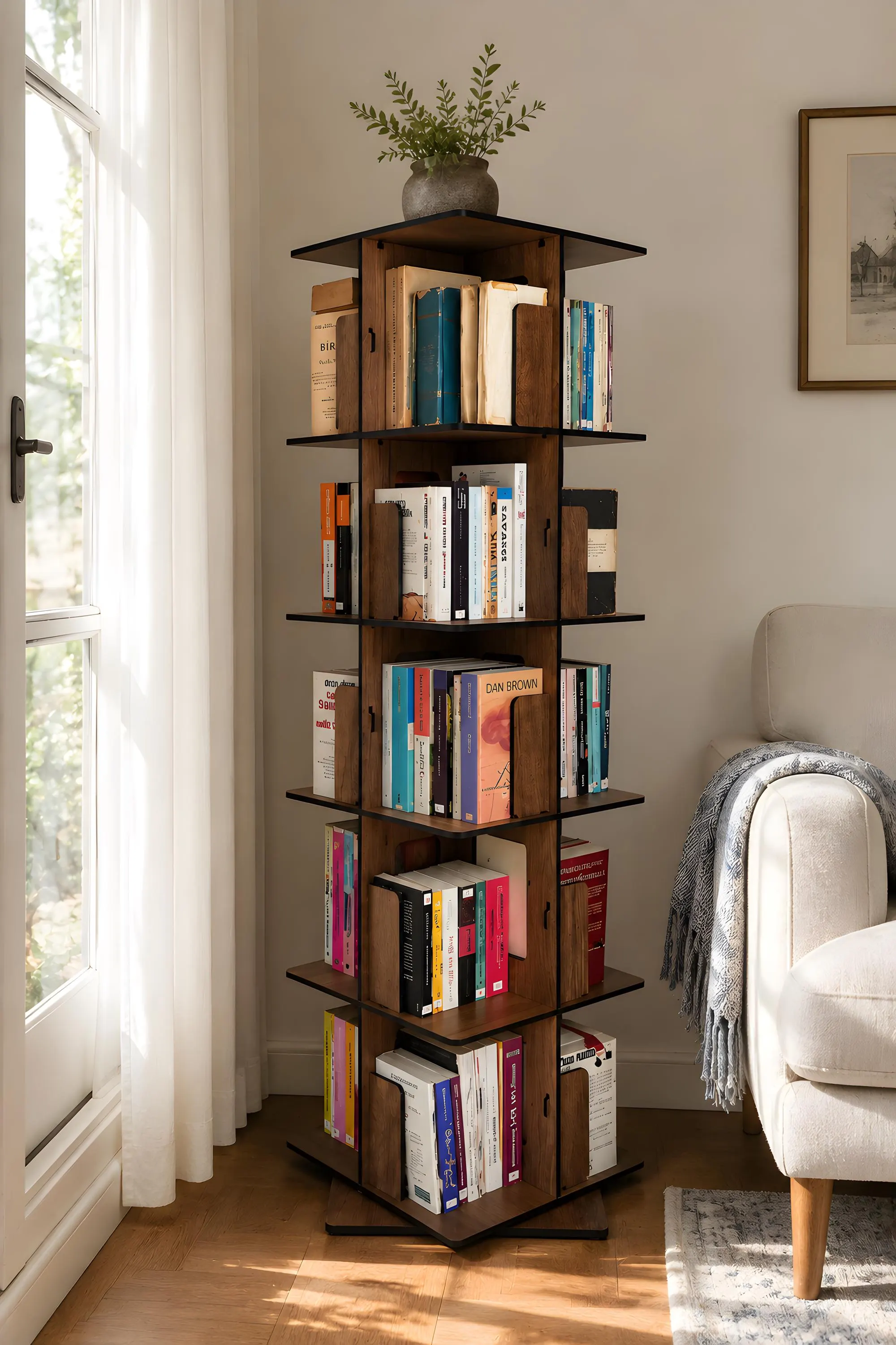 360 degree revolving bookshelf tower styled in a bright living room, space saving wooden book organizer for bedroom, study or reading corner