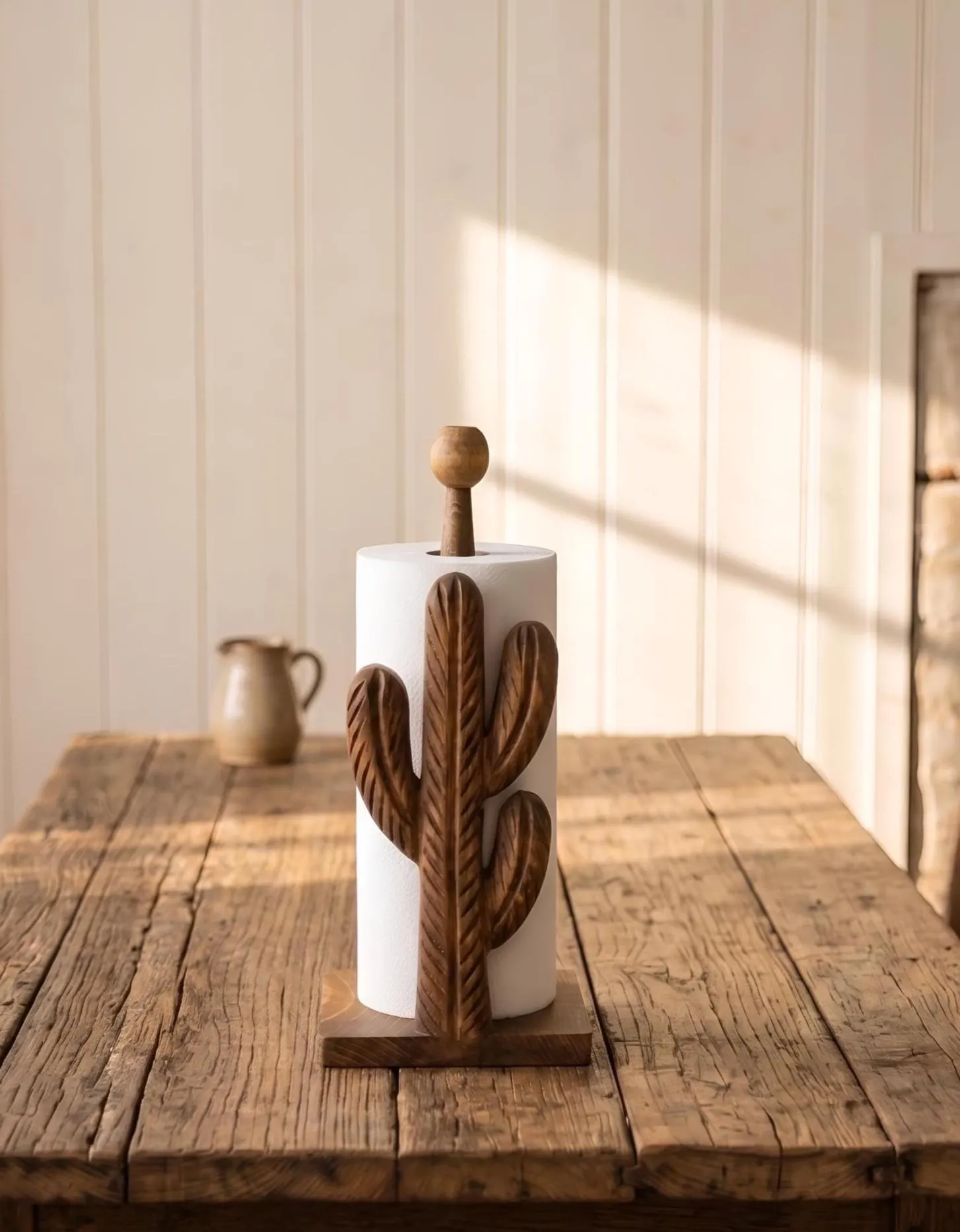 Handmade Wooden Cactus Paper Towel Holder – Rustic Farmhouse Kitchen Decor – Wooden Countertop Towel Stand – Western Boho Kitchen Organizer