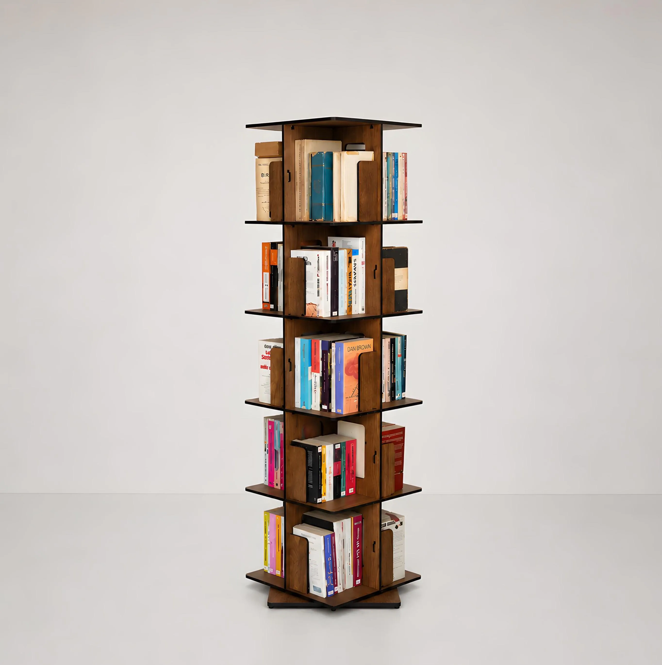 5 tier rotating bookshelf tower in walnut wood finish, 360 degree revolving bookcase with space saving vertical book storage for living room