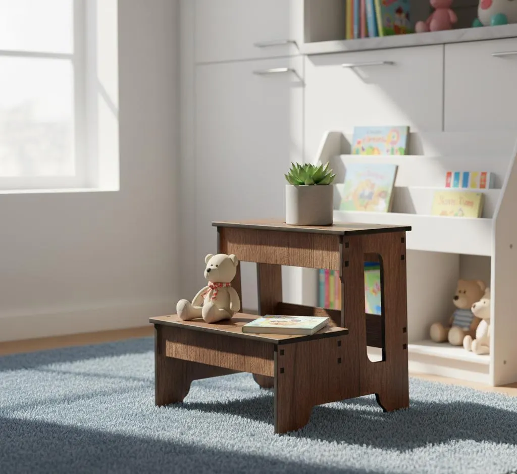 Two-step wooden stool for kids, durable dark wood toddler step stool for bathroom and kitchen, sturdy nursery furniture, safe non-slip design for children.